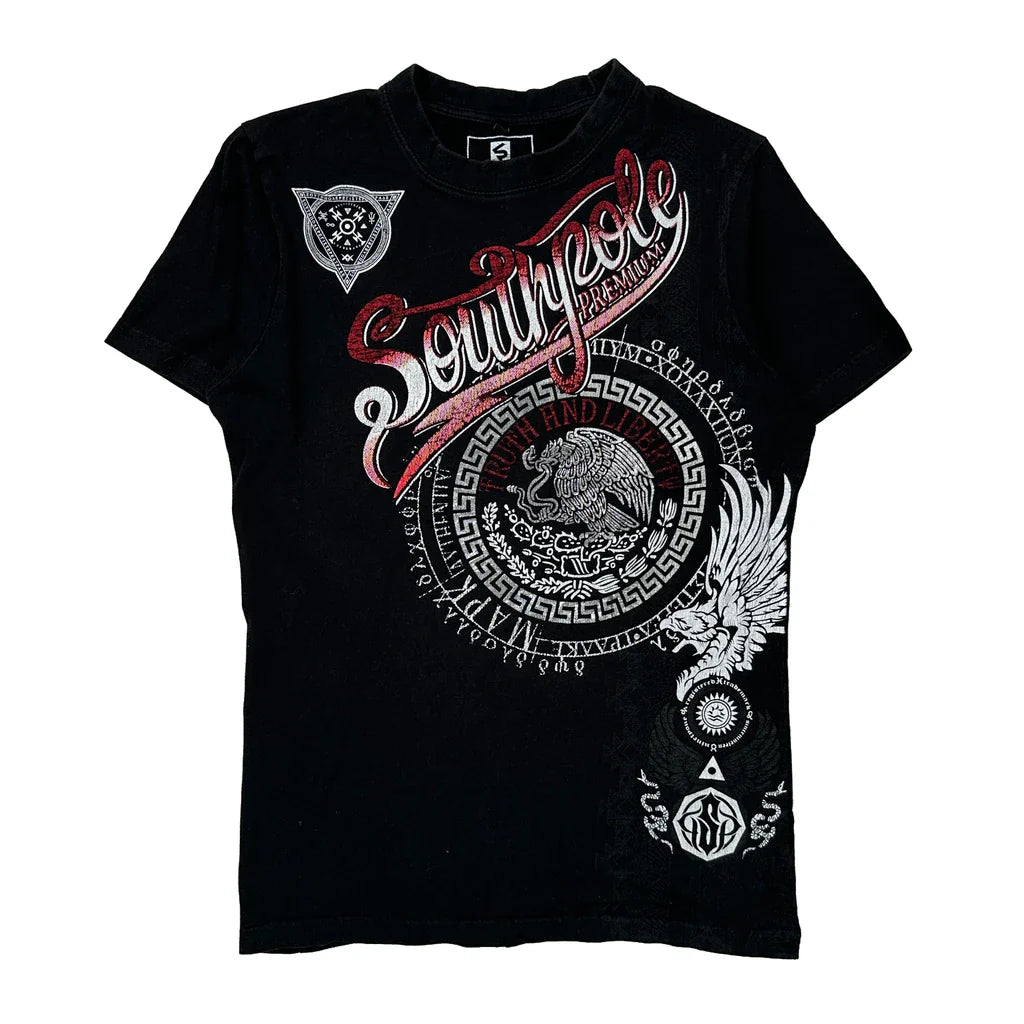 Premium Collection Southpole Graphic T-Shirt - Small Black Cotton Refurbished - Thrifted (note: this is a term often used to describe second- refurbished available on Cerqular