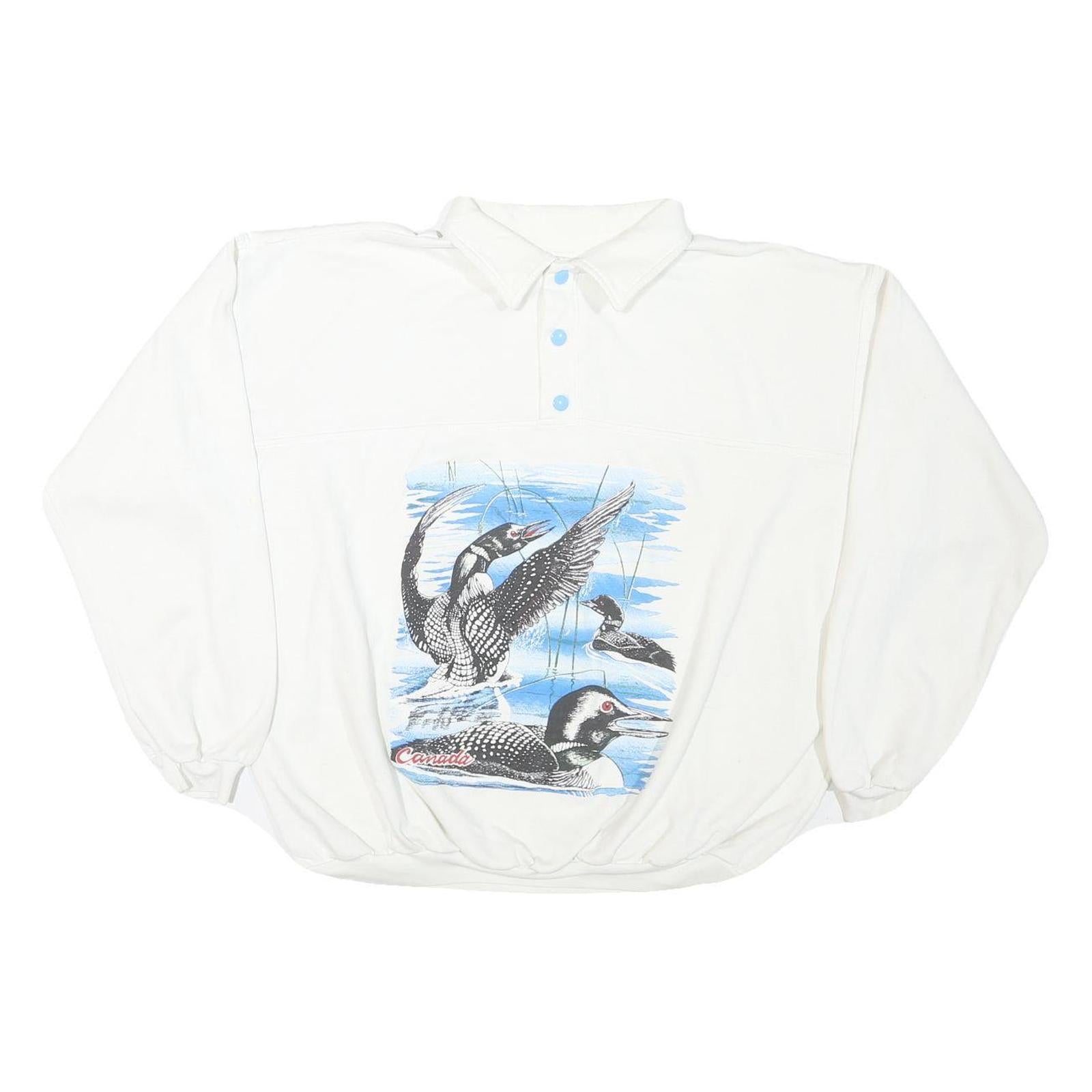 Mens White Sweatshirt Birds Graphic Cotton Blend Collar M Oversized Long Sleeve Refurbished - N/A refurbished available on Cerqular