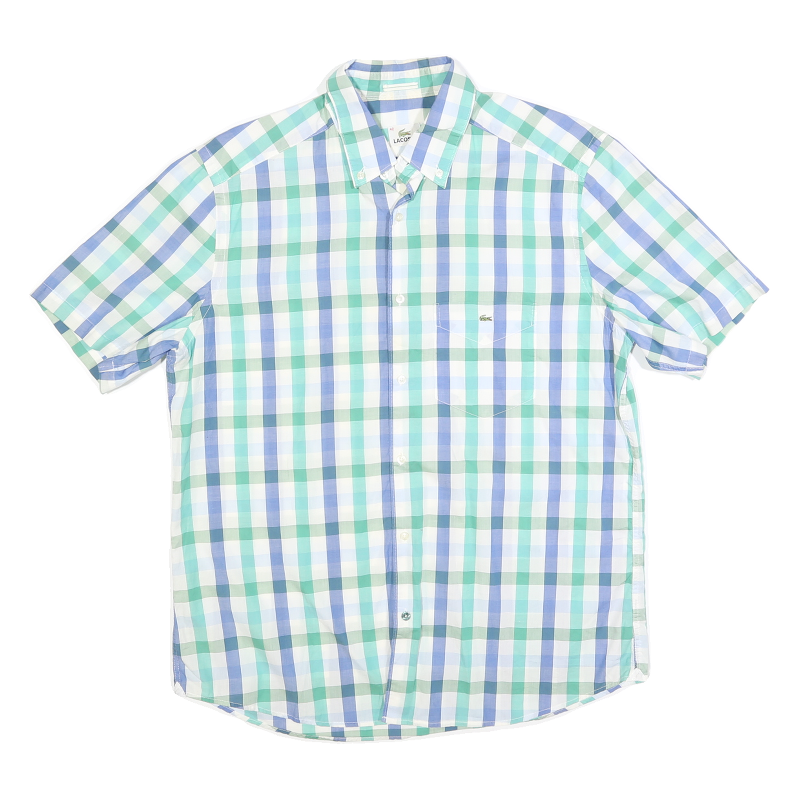 LACOSTE Mens Blue & Green Check Shirt M Cotton Blend Button Down Collar Short Refurbished - N/A refurbished available on Cerqular