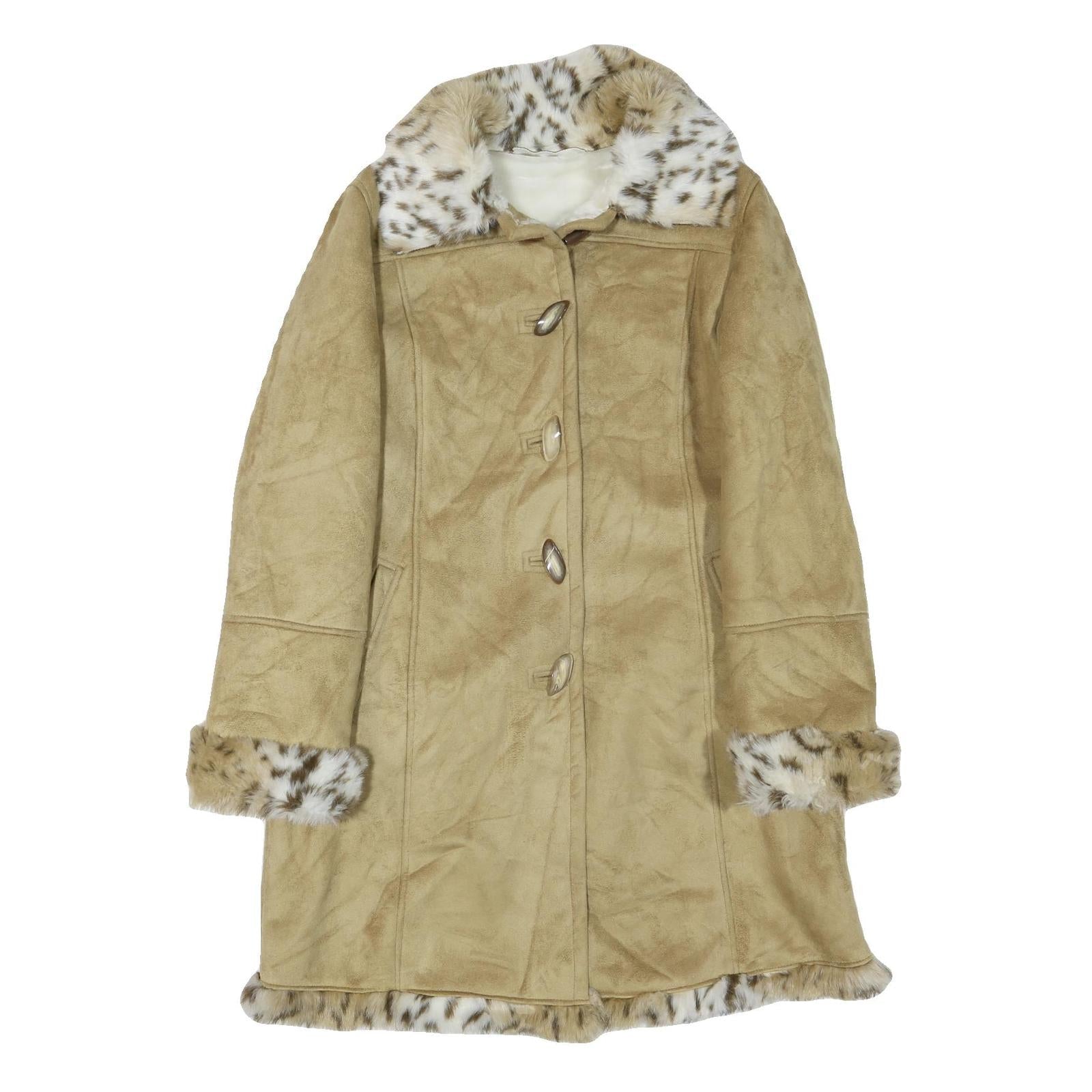 Womens Beige Leather Button Jacket L Faux Fur Collar Cuff Hem Trimmed Refurbished - N/A refurbished available on Cerqular