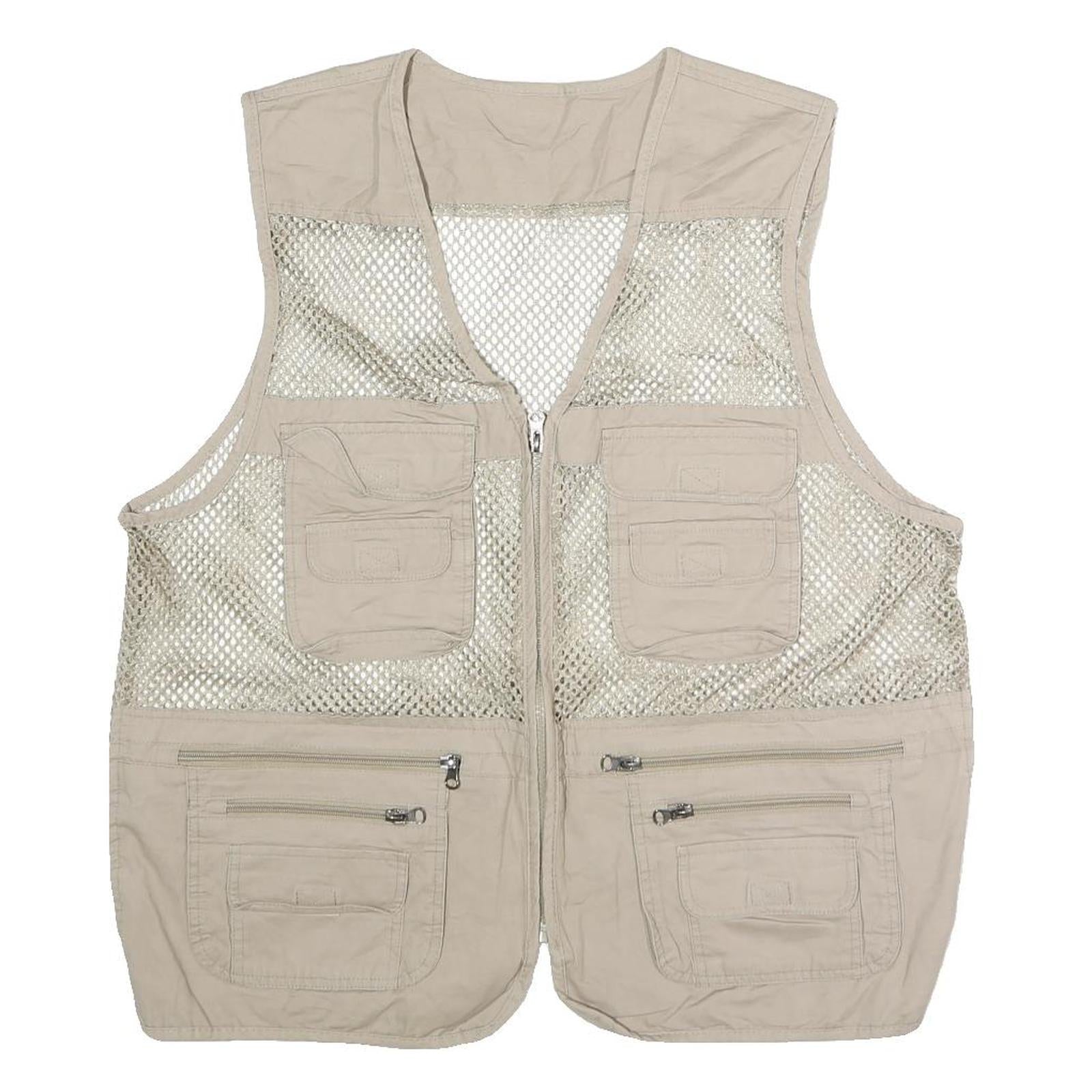 Mens Beige Mesh & Polyester Blend Utility Jacket L Zip Vest Multi Pocket Refurbished - N/A refurbished available on Cerqular