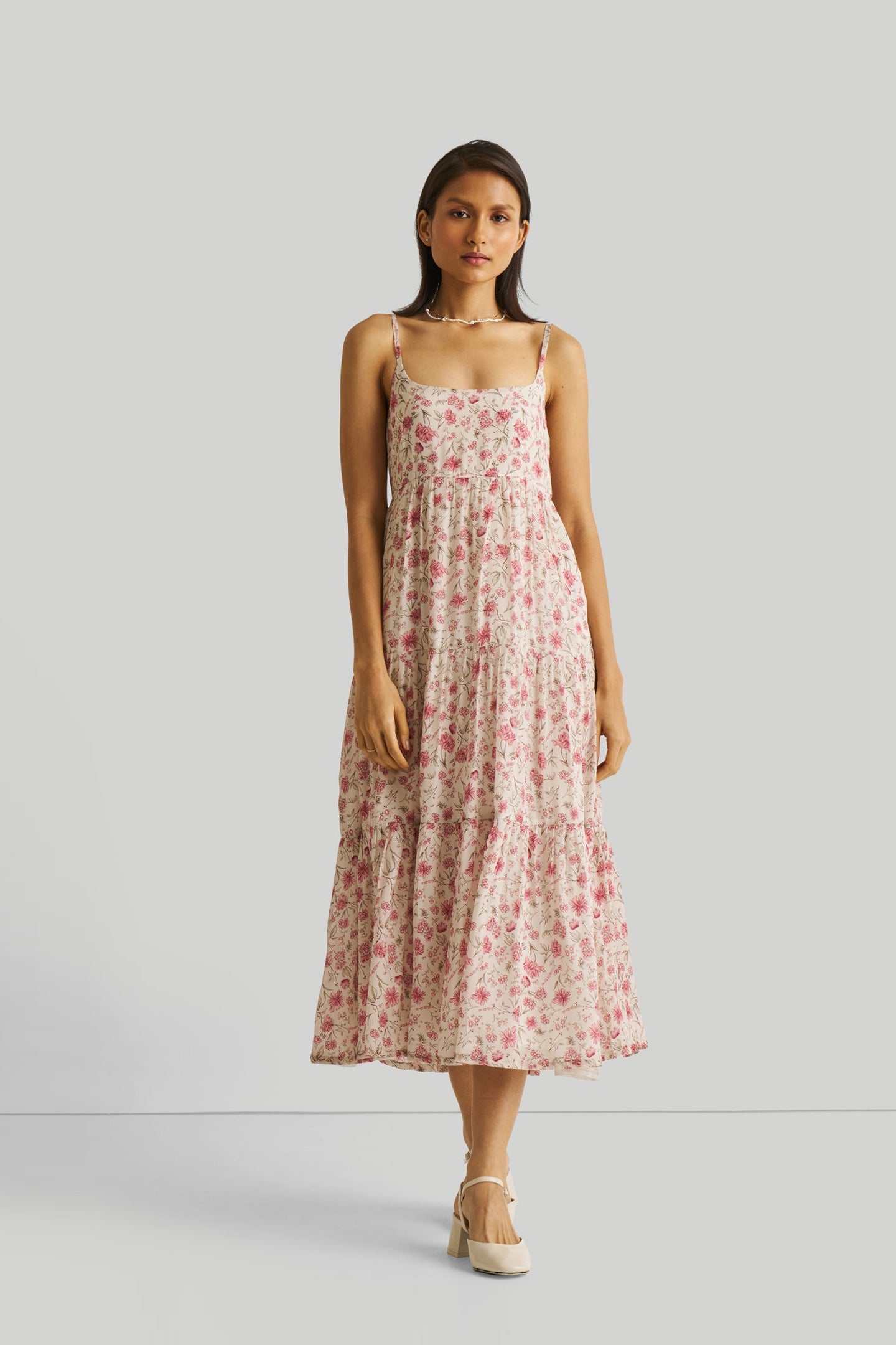 Strappy Tiered Maxi Dress in Pink Florals | Color: Petal fusion | Size: L Refurbished - Resistor (Note: This is a generic term for an electronic component, refurbished available on Cerqular