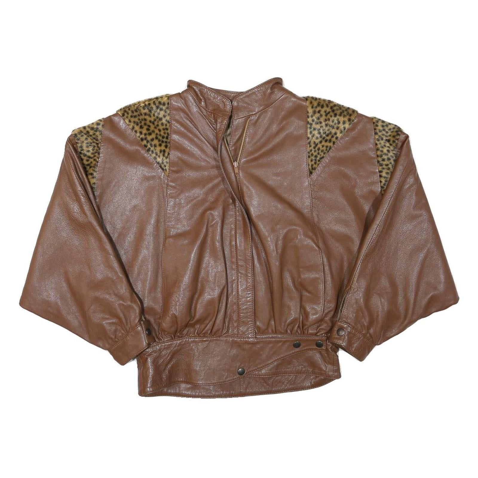 Womens Brown Leather Leopard Print Panel Zip Bomber Jacket S Soft Comfortable Refurbished - N/A refurbished available on Cerqular