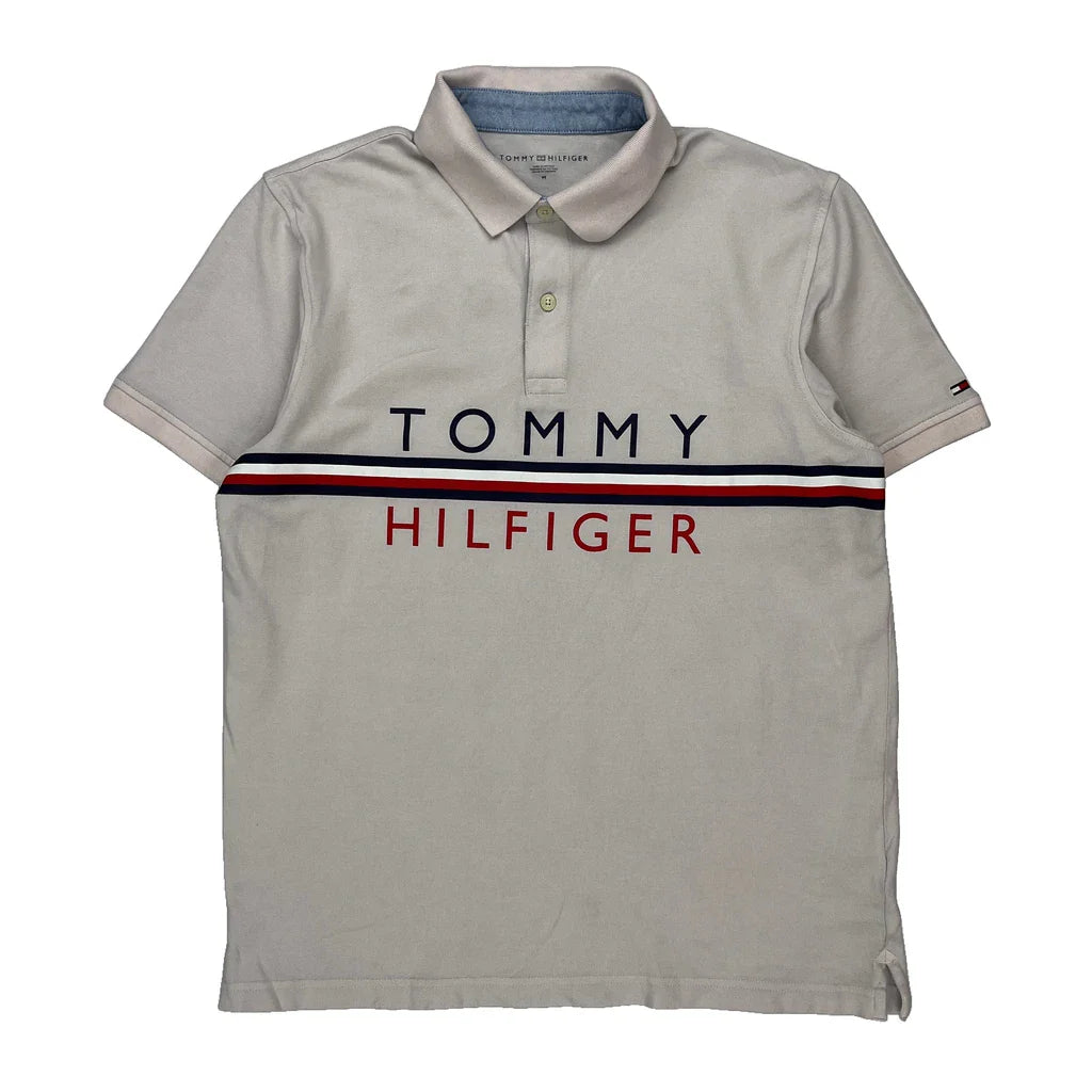 Tommy Hilfiger Spellout Polo Shirt - Medium Beige Cotton Refurbished - Thrifted (note: this is a term often used to describe second- refurbished available on Cerqular