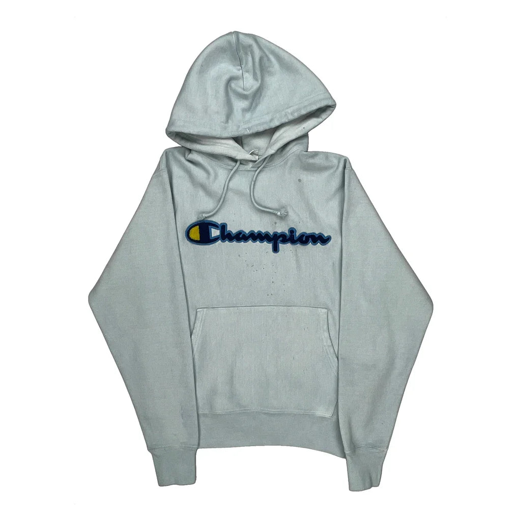 Reverse Weave Champion Spellout Hoodie - Small Grey Cotton Refurbished - Thrifted (note: this is a term often used to describe second- refurbished available on Cerqular