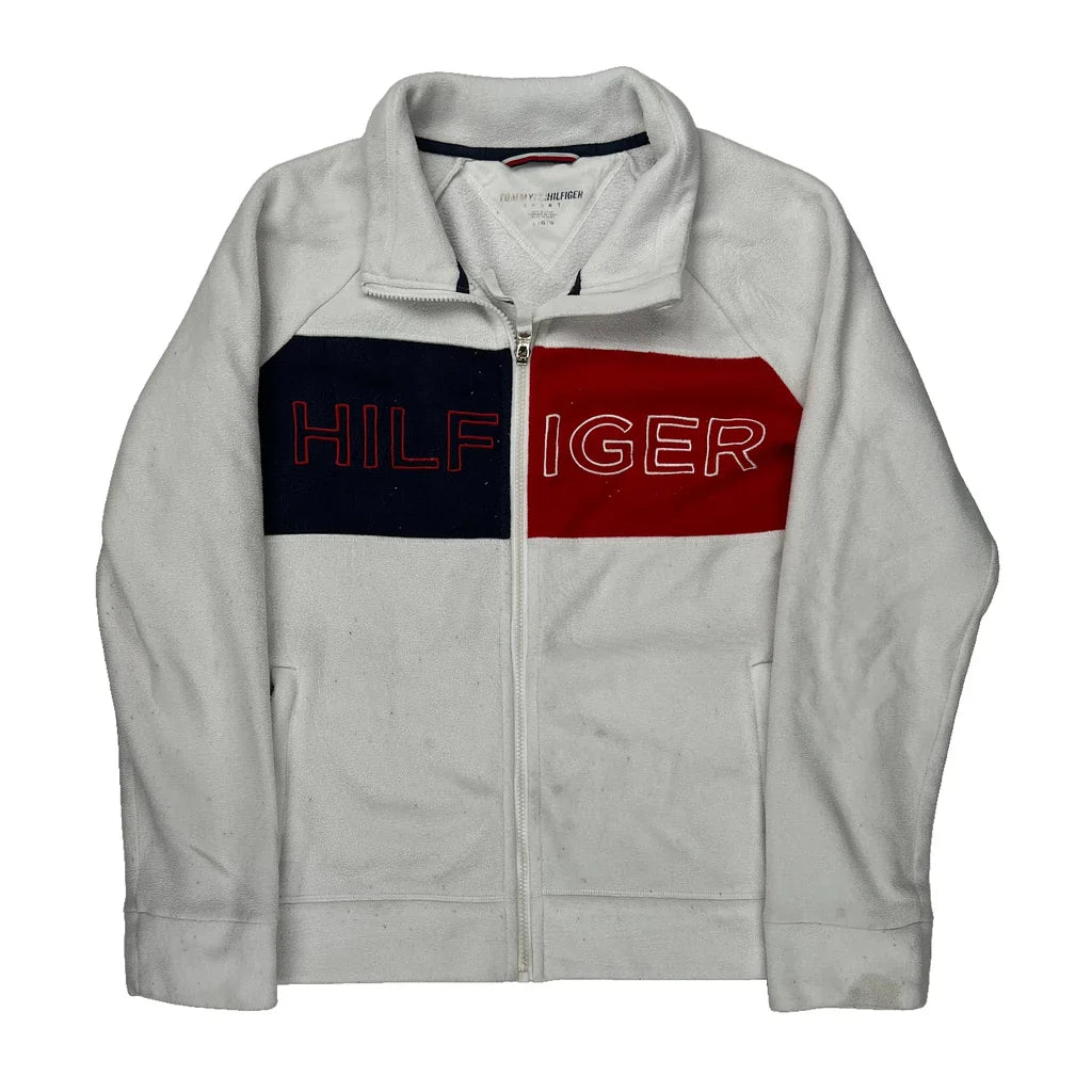 Tommy Hilfiger Spellout Fleece Jacket - Large Blue Polyester Refurbished - Thrifted (note: this is a term often used to describe second- refurbished available on Cerqular