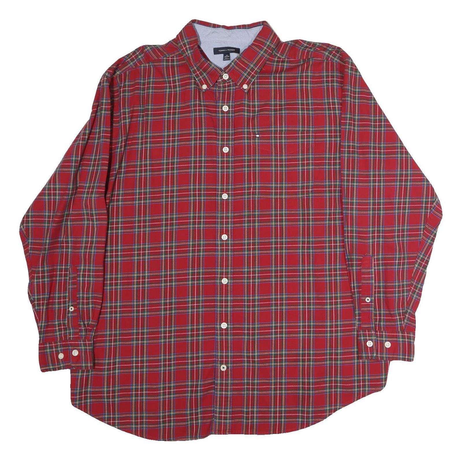 TOMMY HILFIGER Mens Red Check Shirt 2XL Cotton Long Sleeve Button Down Refurbished - N/A refurbished available on Cerqular