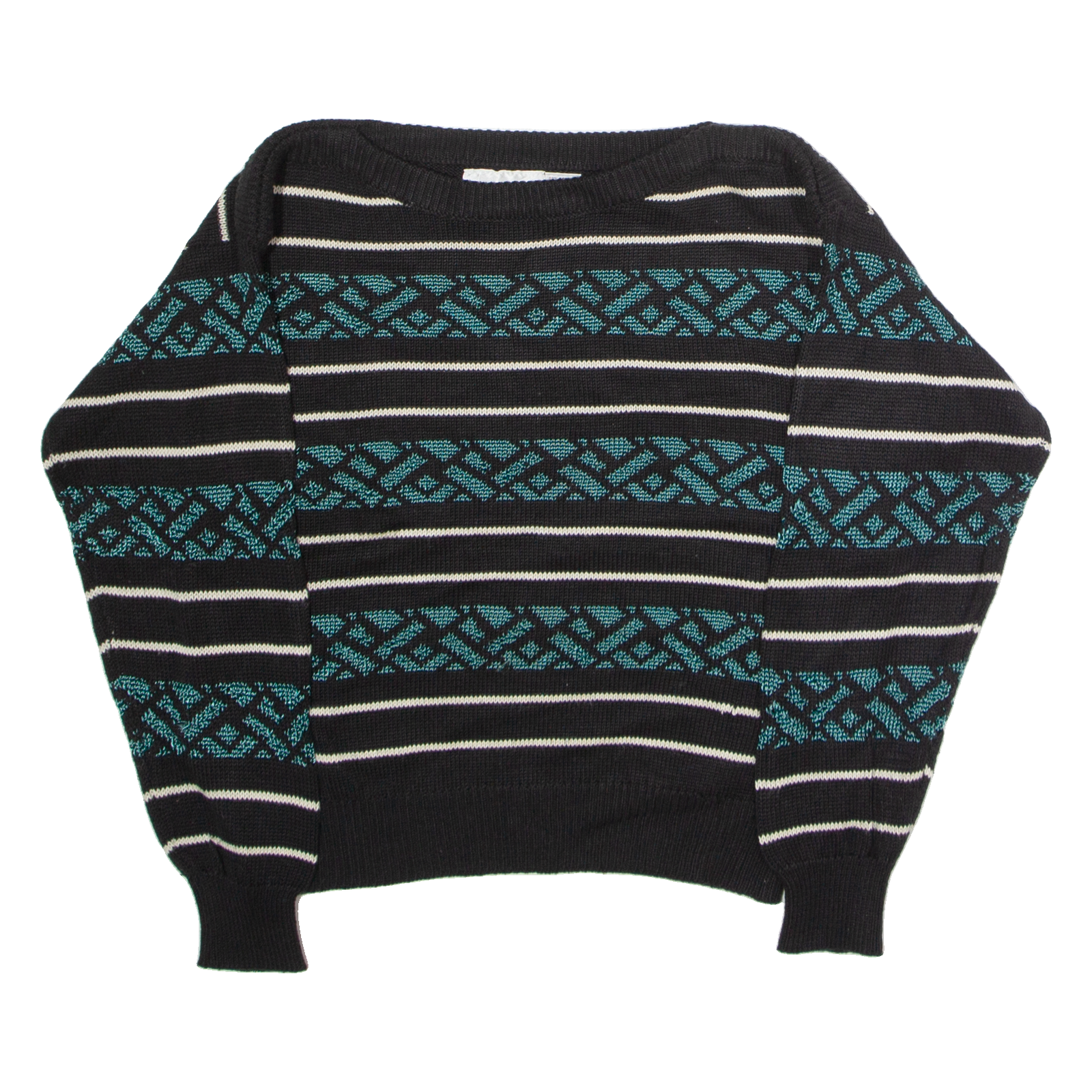 WEATHERVANE Womens Patterned Jumper Black Striped Crew Neck 90s L Refurbished - N/A refurbished available on Cerqular