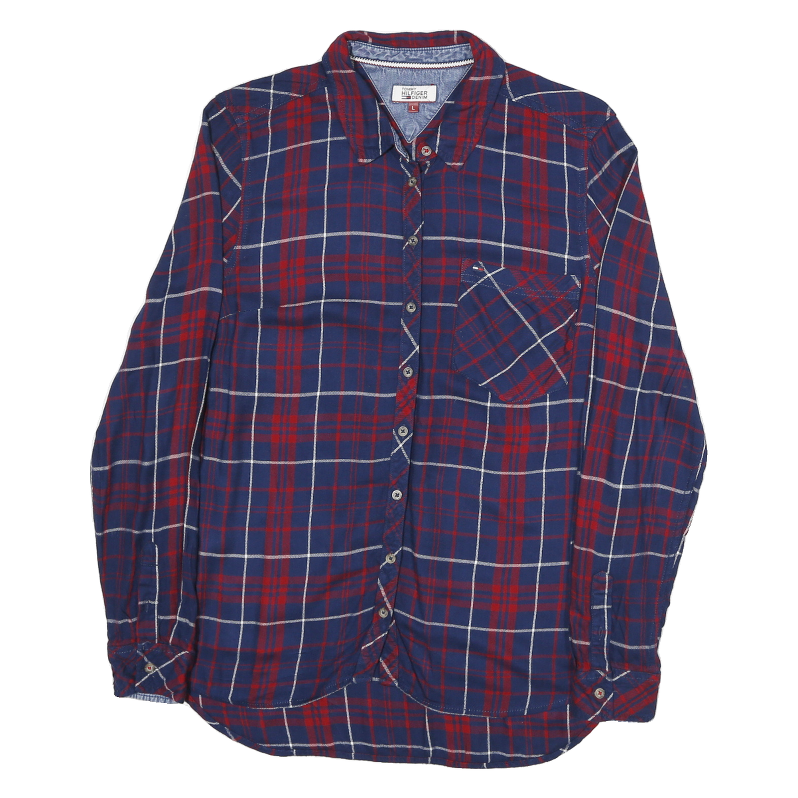 TOMMY HILFIGER Womens Blue & Red Checked Shirt L Button Front Cotton Blend Refurbished - N/A refurbished available on Cerqular