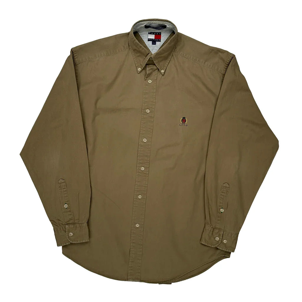 Tommy Hilfiger Shirt - Small Khaki Cotton Refurbished - Thrifted (note: this is a term often used to describe second- refurbished available on Cerqular