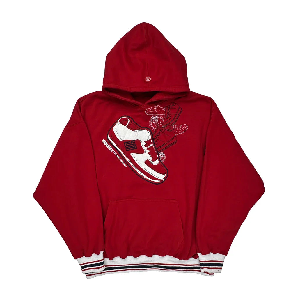 Sneaker Print Source Graphic Hoodie - 3XL Red Cotton Blend Refurbished - Thrifted (note: this is a term often used to describe second- refurbished available on Cerqular