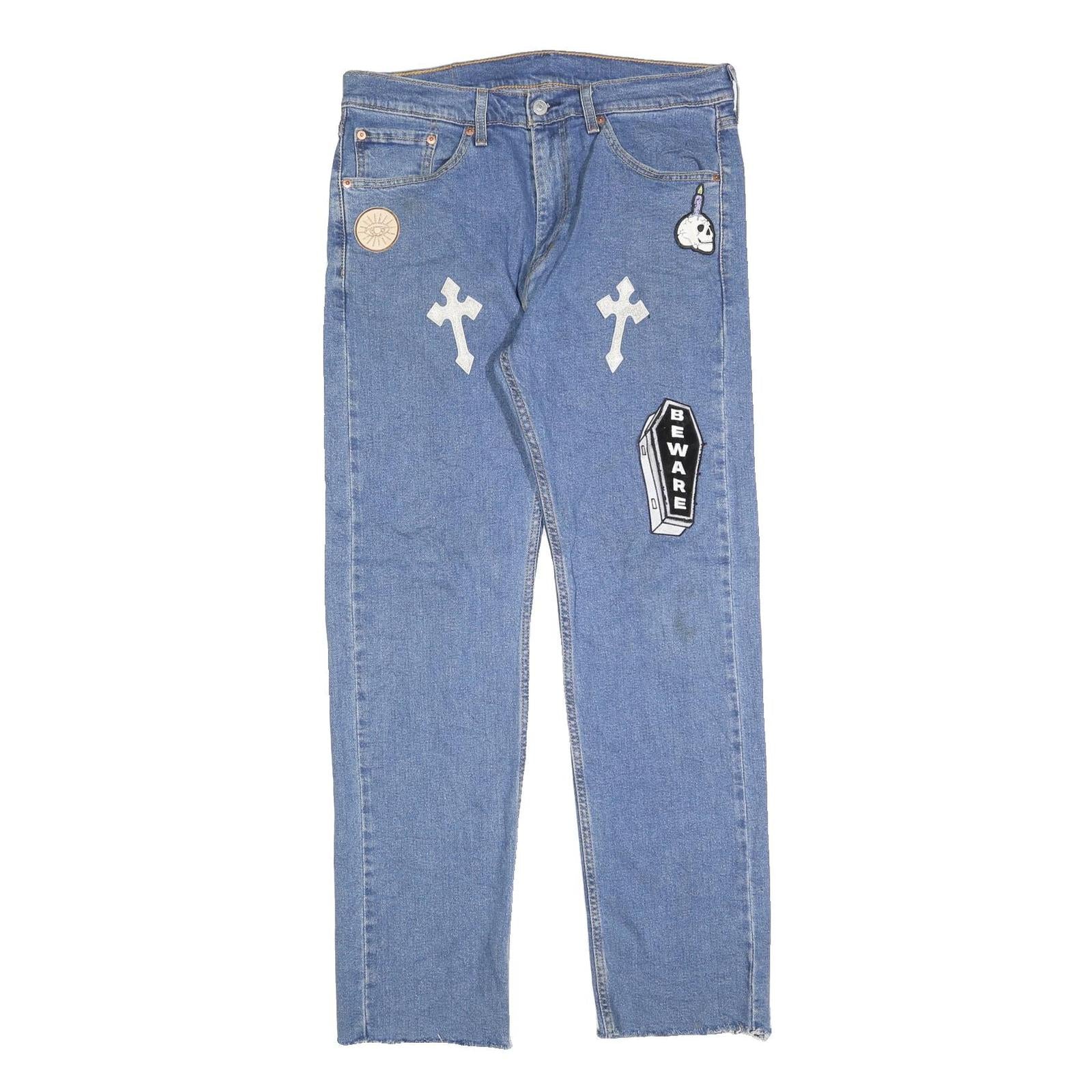 LEVI'S 505 Mens Jeans Blue Regular Straight Denim Rinse W33 L32 Unique Patches Refurbished - N/A refurbished available on Cerqular