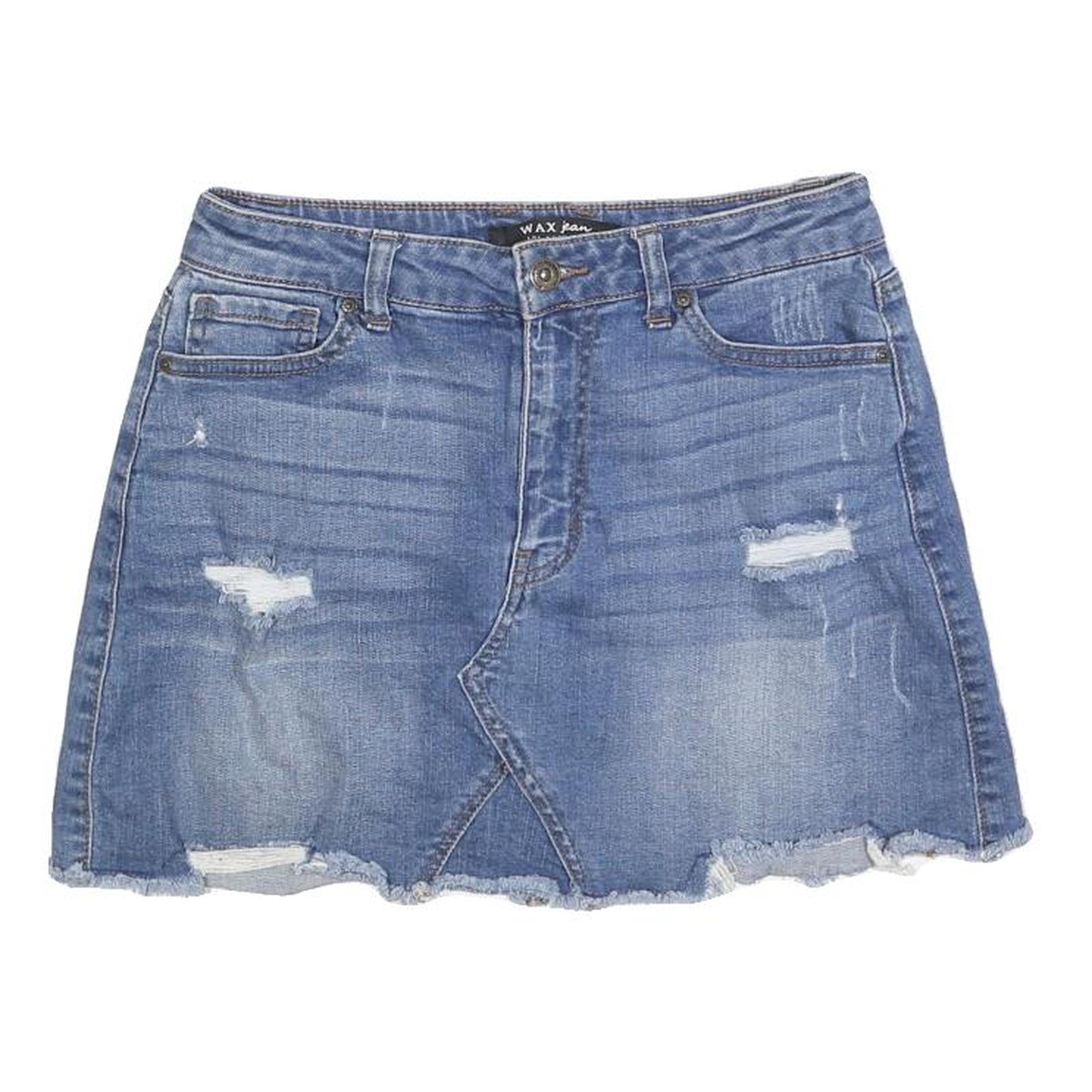WAX JEANS Womens Blue Denim Mini Skirt Cotton Blend Distressed XS Raw Hem Refurbished - N/A refurbished available on Cerqular