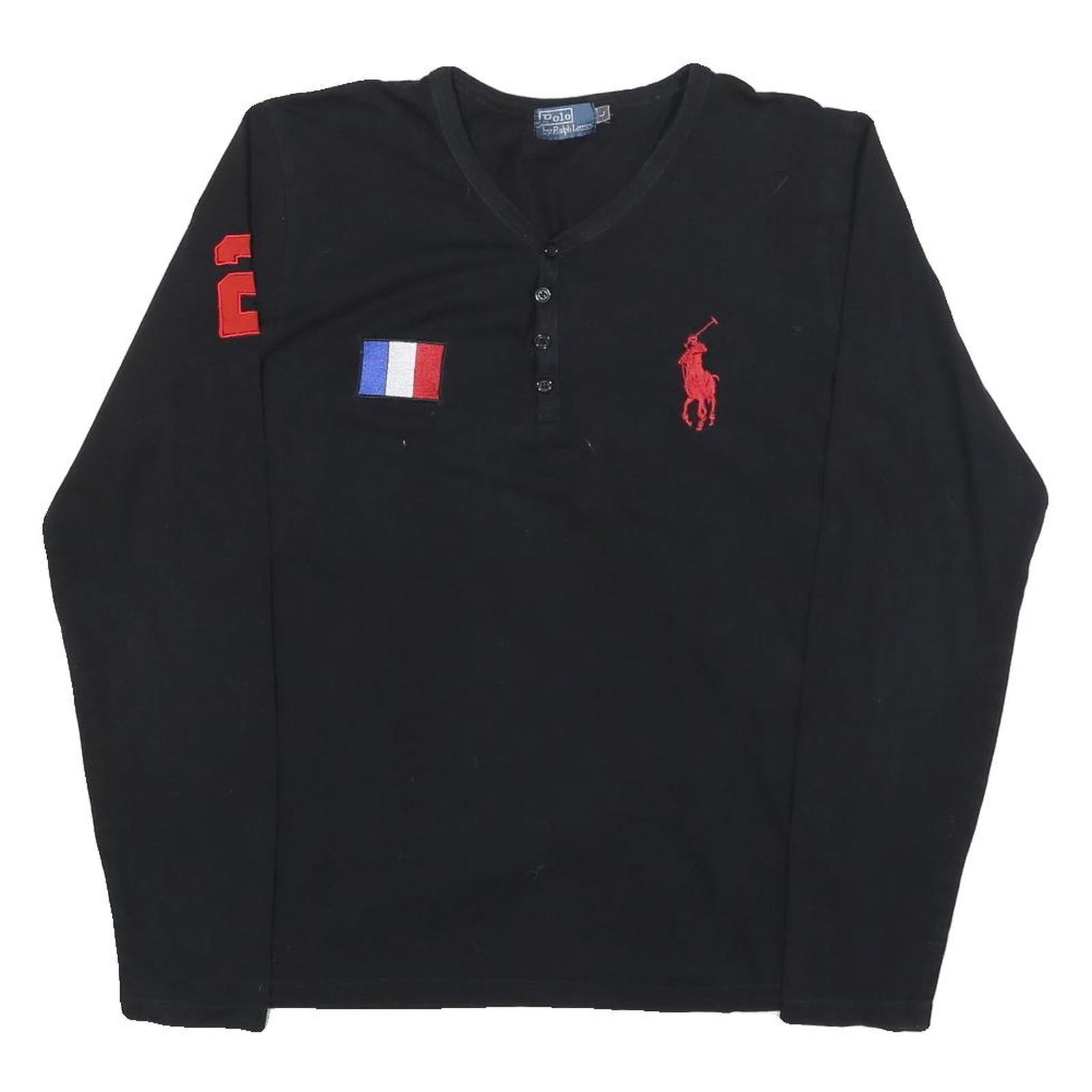 POLO RALPH LAUREN Womens Black & Red Graphic T-Shirt L Long Sleeve V-Neck Button Refurbished - N/A refurbished available on Cerqular