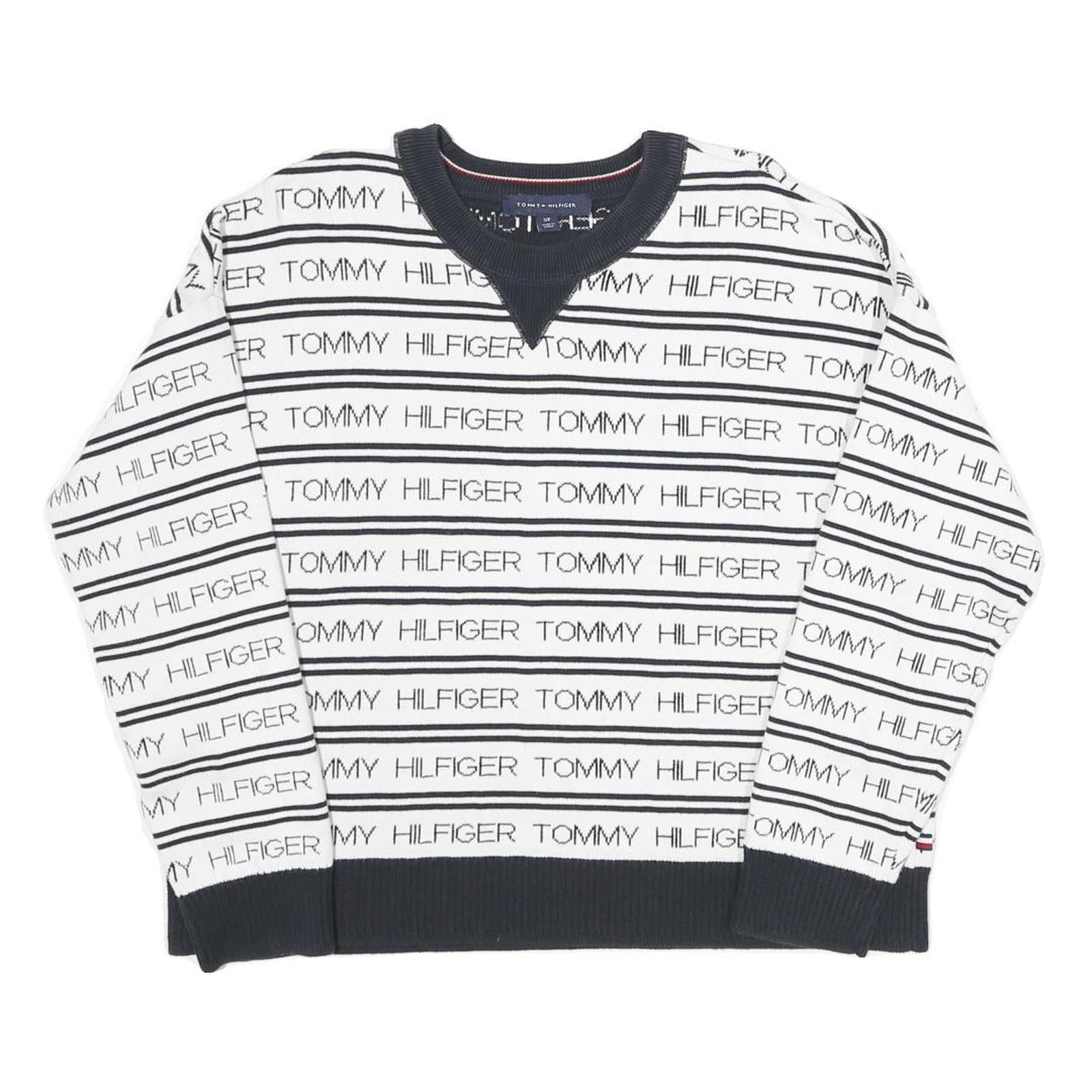 TOMMY HILFIGER Womens White & Navy Logo Patterned Jumper Crew Neck Basic Knit S Refurbished - N/A refurbished available on Cerqular