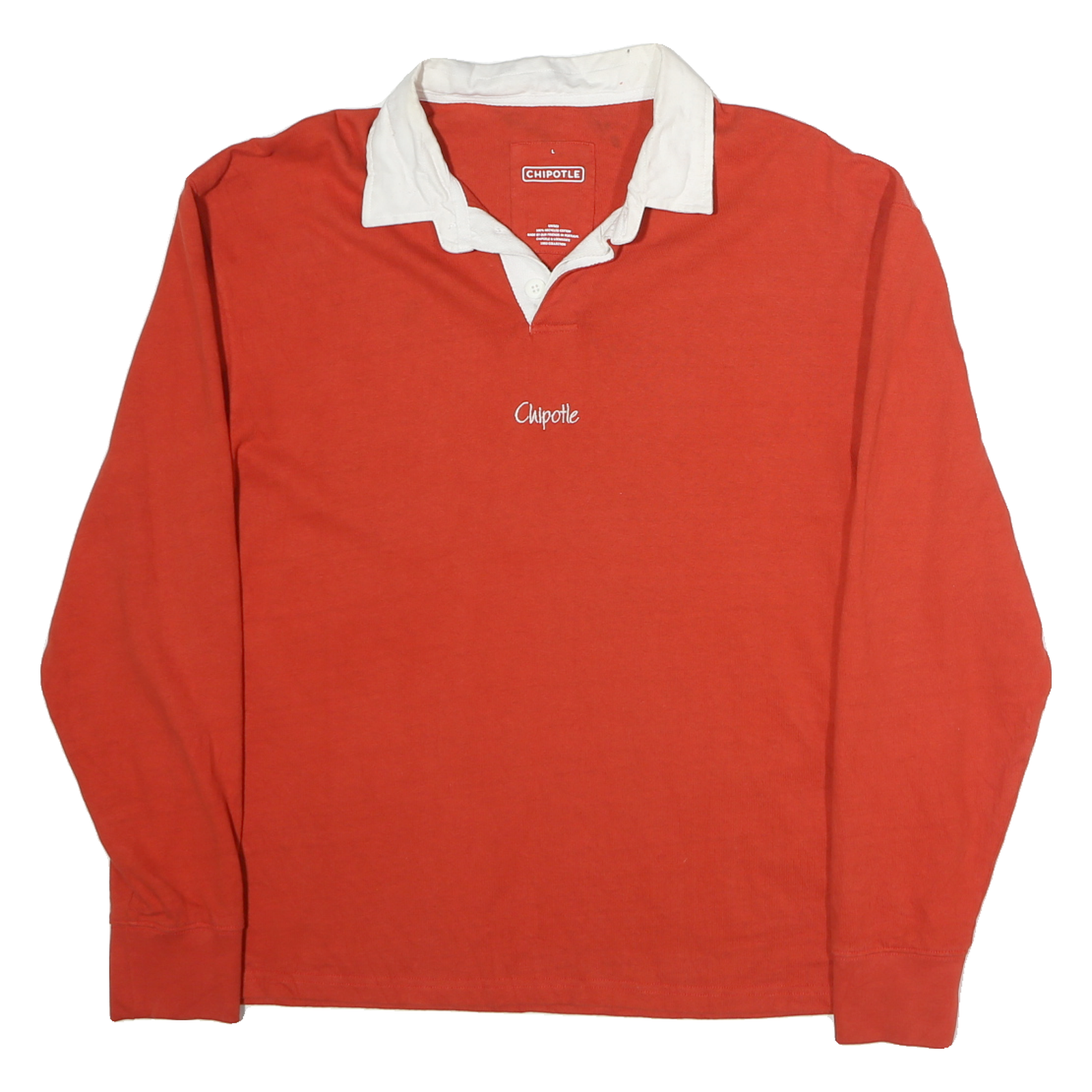 CHIPOTLE Mens Red & White Long Sleeve Plain Polo Shirt L Casual Cotton Refurbished - N/A refurbished available on Cerqular