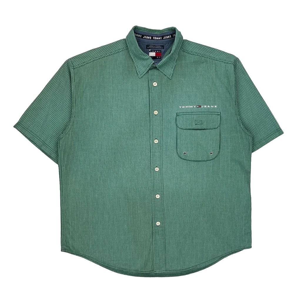 Tommy Jeans Striped Short Sleeve Shirt - Large Green Cotton Refurbished - Thrifted (note: this is a term often used to describe second- refurbished available on Cerqular