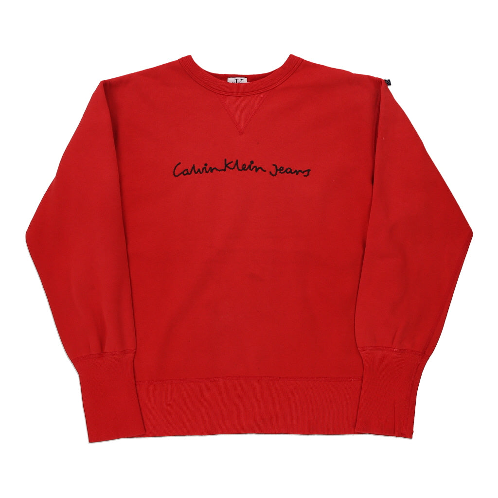 Calvin Klein Jeans Spellout Sweatshirt - Small Red Cotton Refurbished - Thrifted (note: this is a term often used to describe second- refurbished available on Cerqular