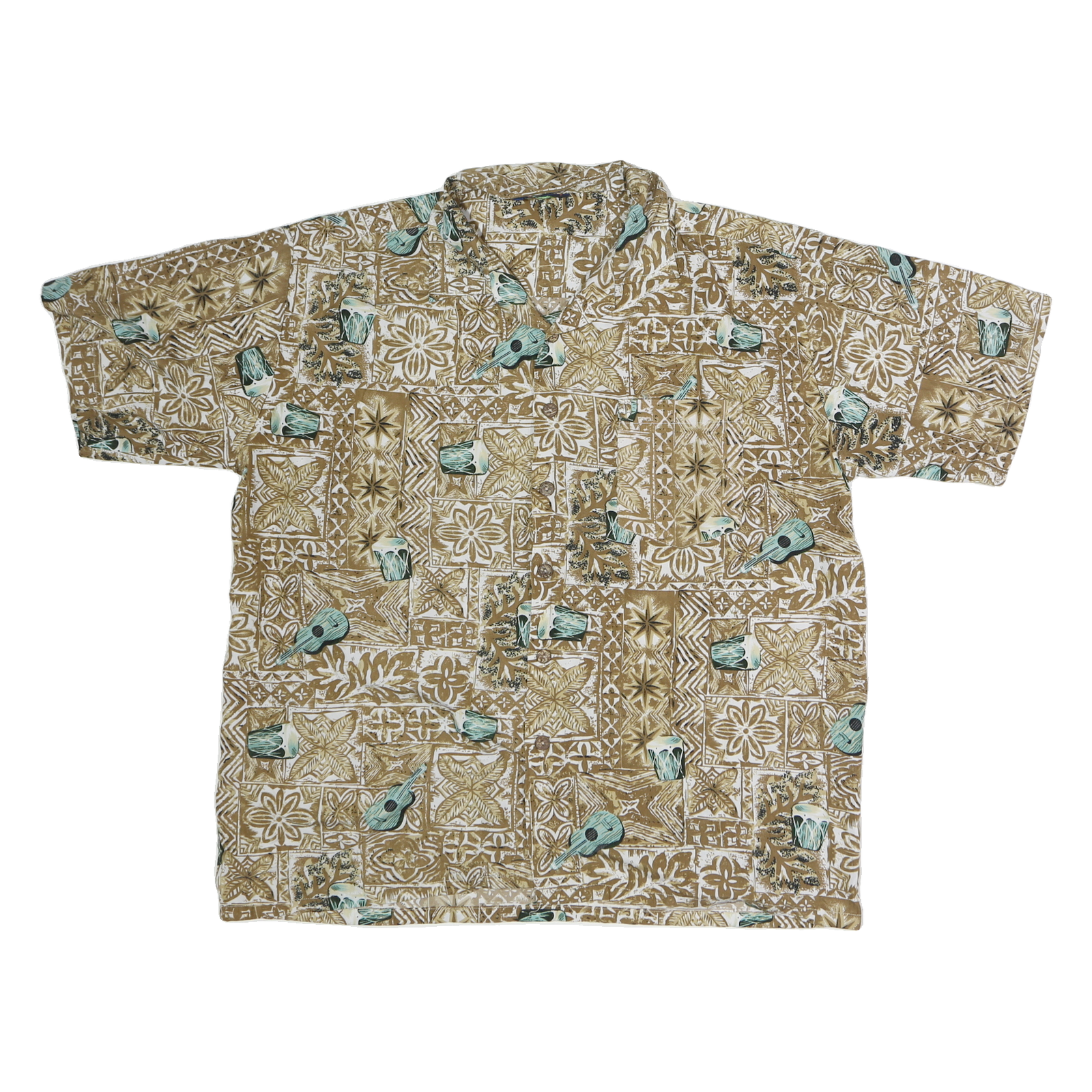 ROUNDY BAY Mens Beige & Green Pattern Shirt XL Cotton Casual Beachwear Relaxed Refurbished - N/A refurbished available on Cerqular