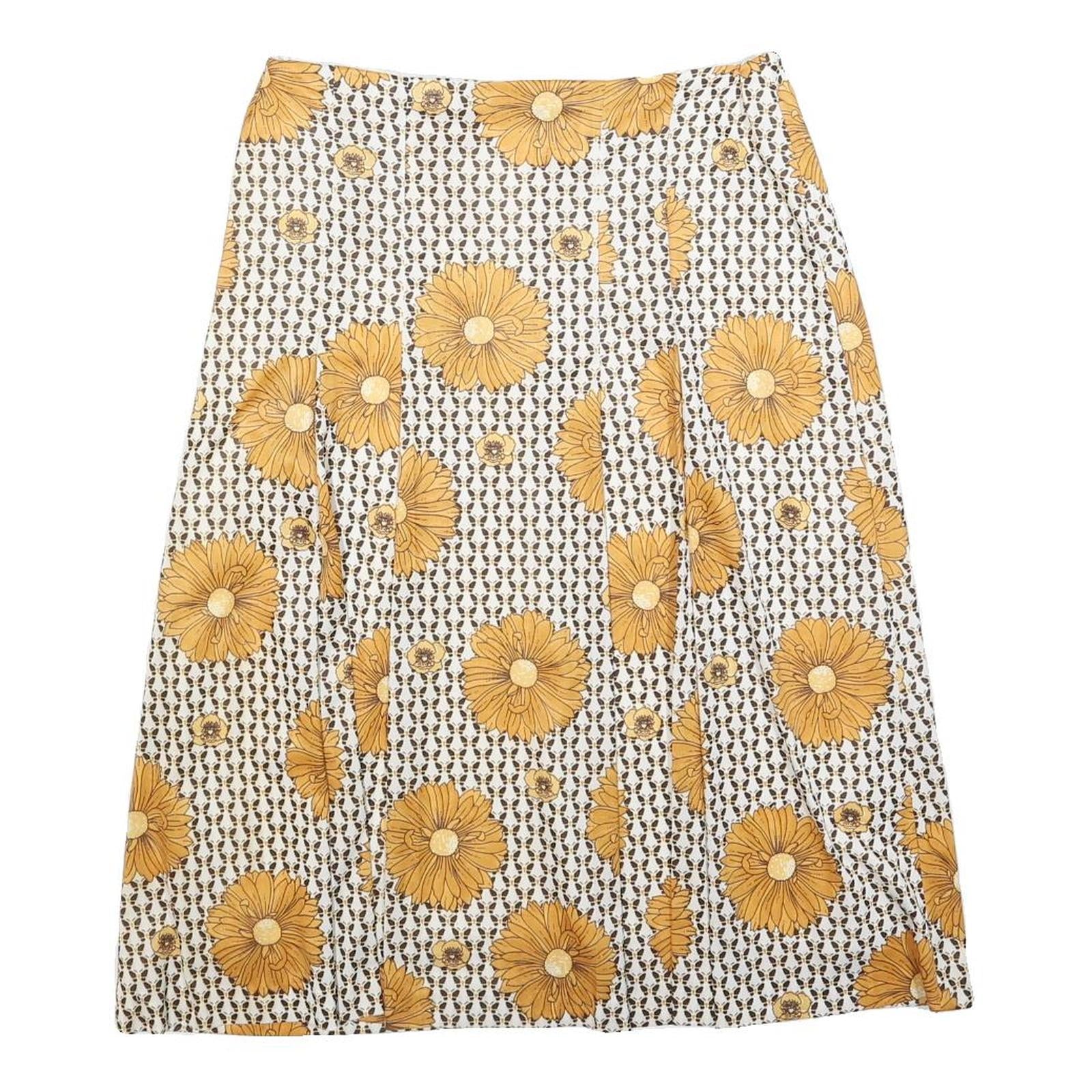 Womens White & Yellow Floral A-Line Midi Polyester Blend Skirt M Vintage Style Refurbished - N/A refurbished available on Cerqular