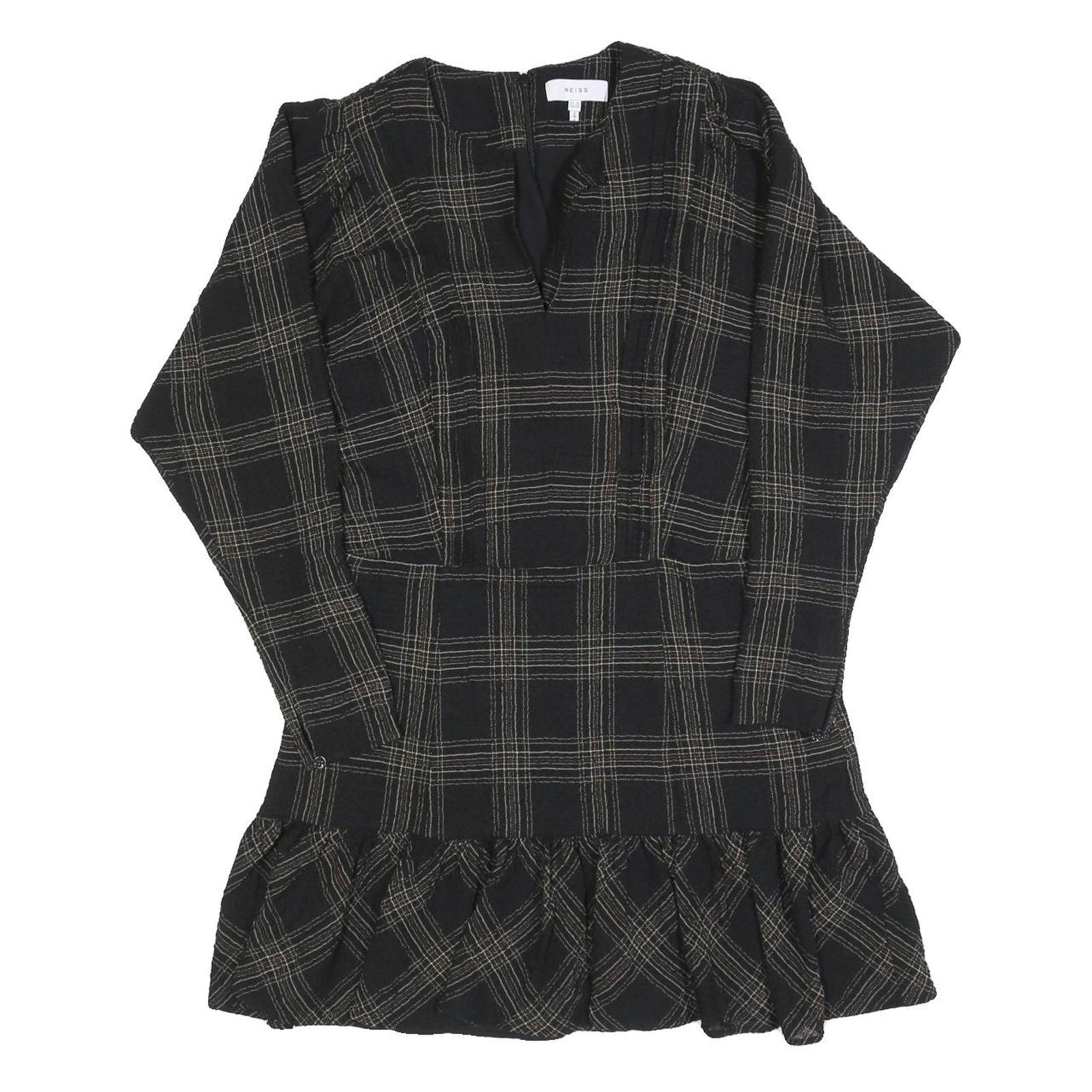 REISS Womens Black Check Day Cotton Blend Dress UK 14 V-Neck Ruffle Hem Refurbished - N/A refurbished available on Cerqular