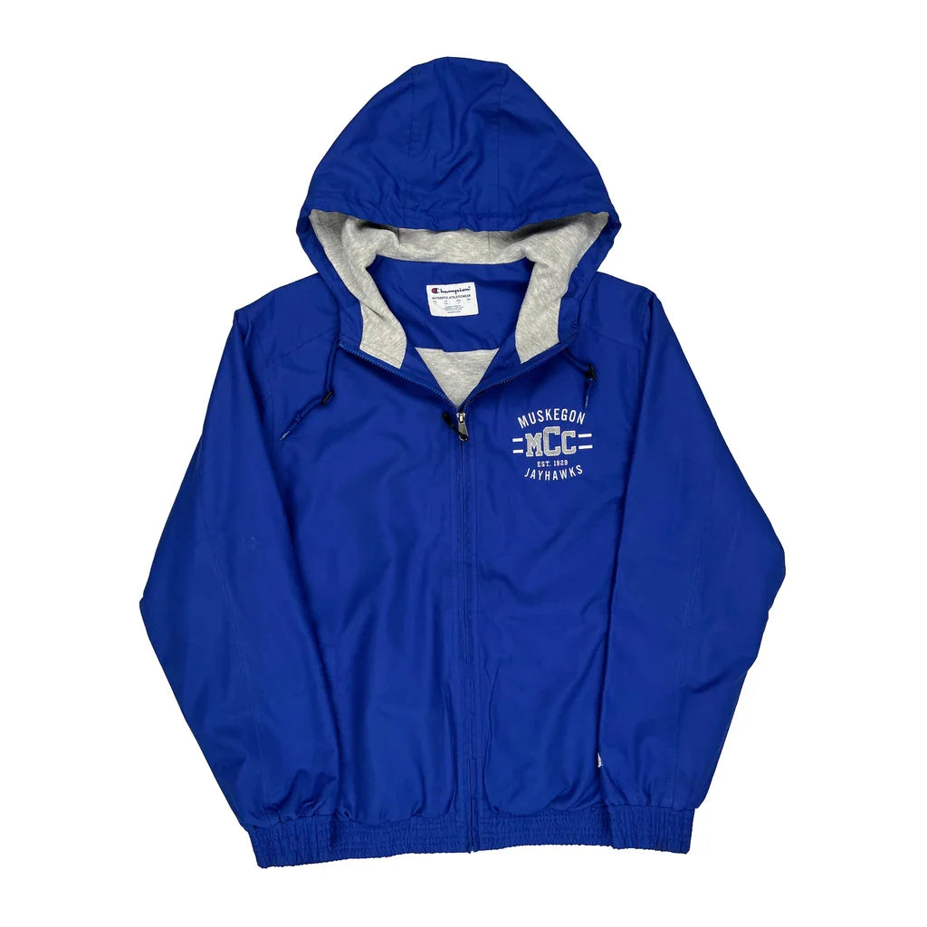 Muskegon Jayhawks Champion Windbreaker - Medium Blue Polyester Refurbished - Thrifted (note: this is a term often used to describe second- refurbished available on Cerqular