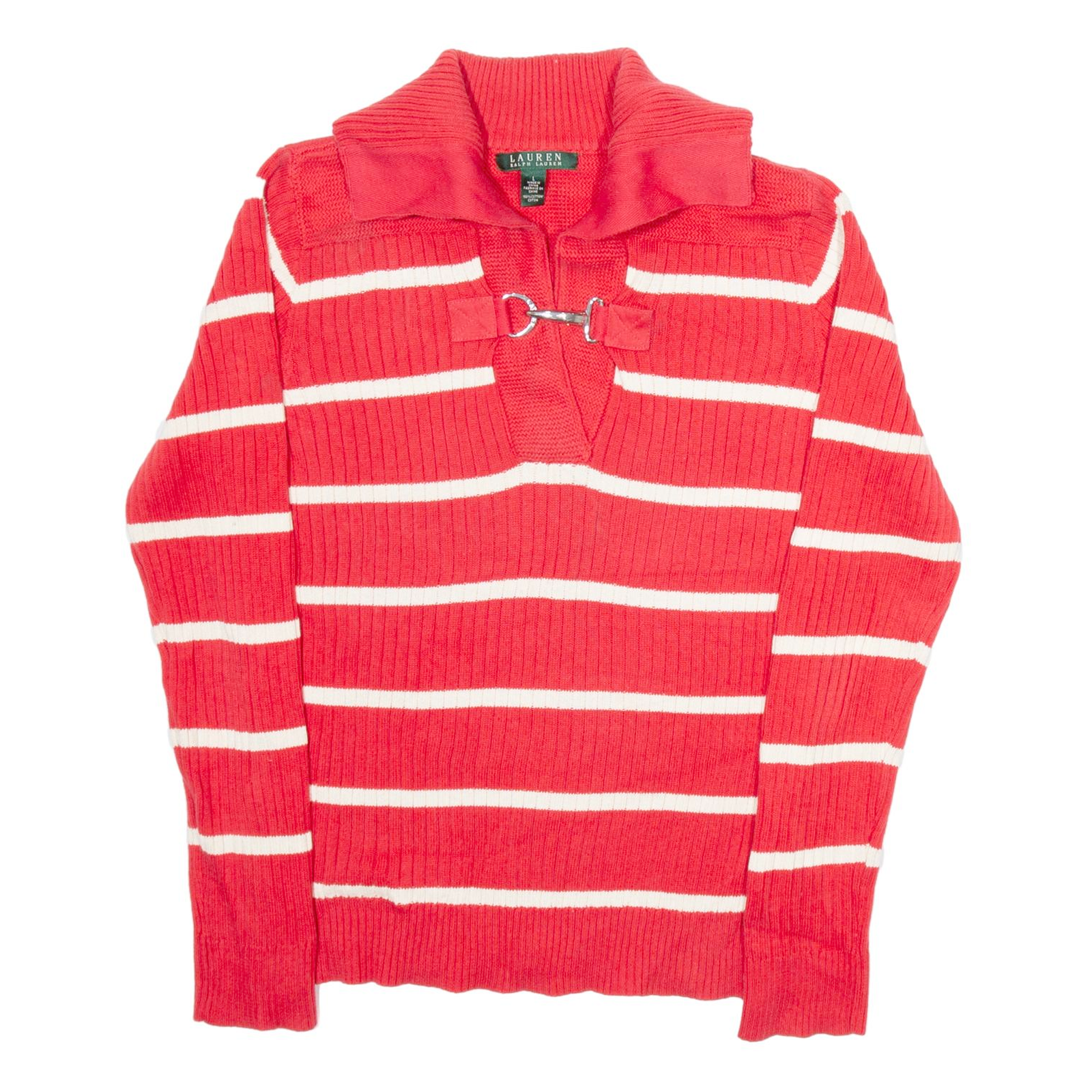LAUREN RALPH LAUREN Womens Patterned Jumper Red Striped V-Neck Tight Knit L Refurbished - N/A refurbished available on Cerqular