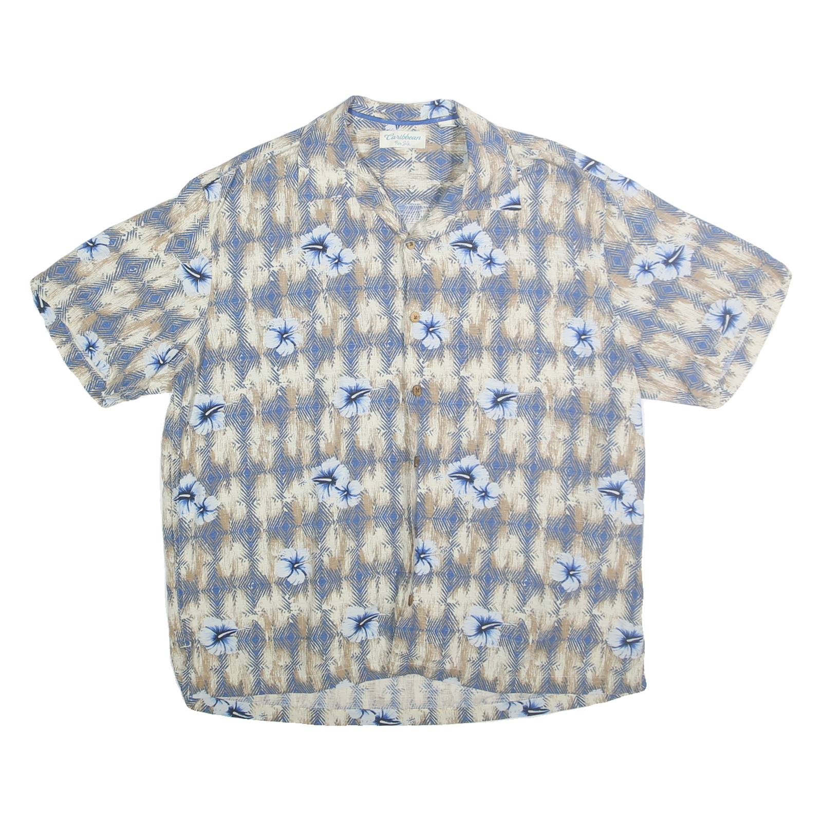 CARIBBEAN Mens Blue & Beige Floral Silk Shirt XL Summer Casual Relaxed Fit Refurbished - N/A refurbished available on Cerqular