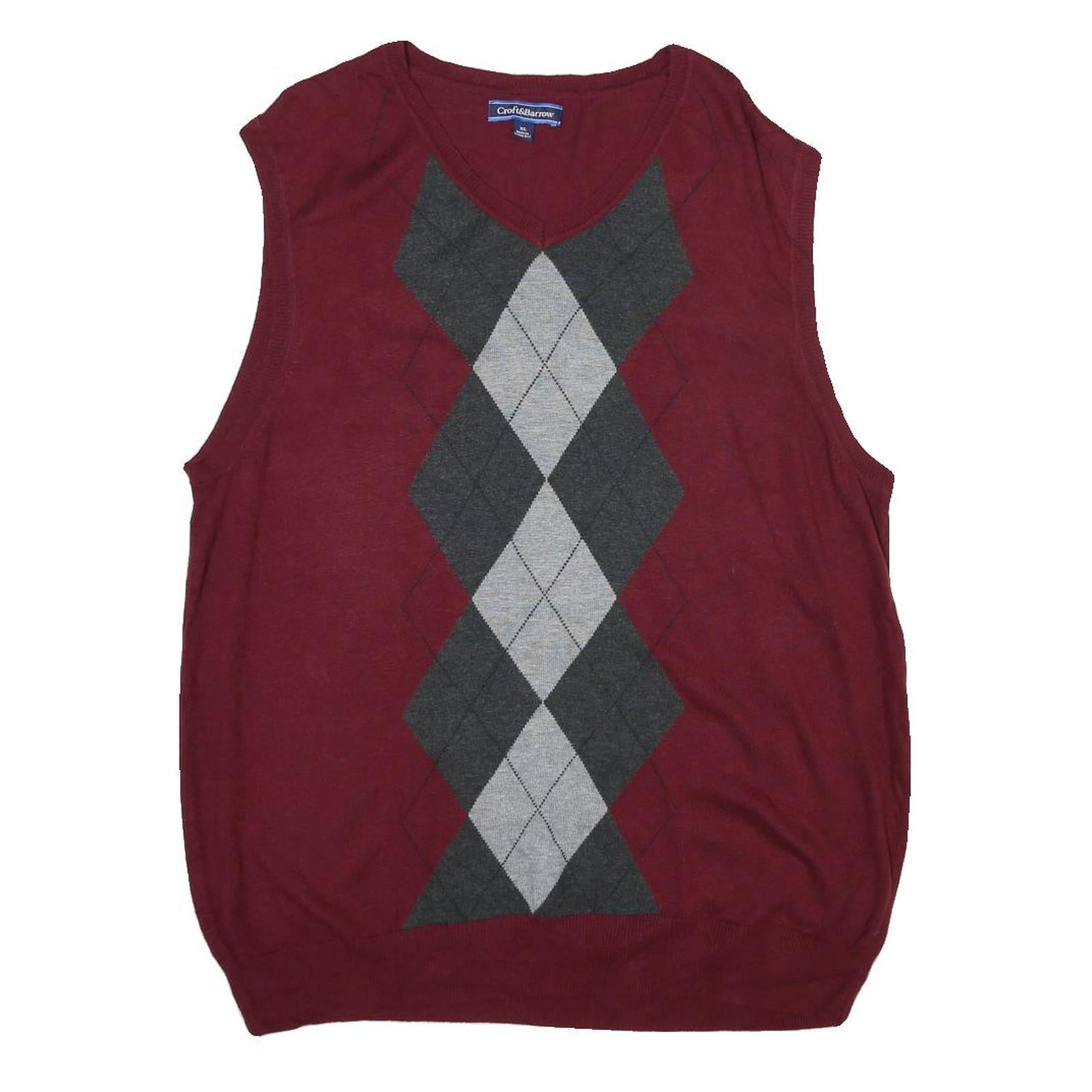 CROFT & BARROW Mens Maroon Grey Argyle Pullover V-Neck Basic Knit XL Sleeveless Refurbished - N/A refurbished available on Cerqular