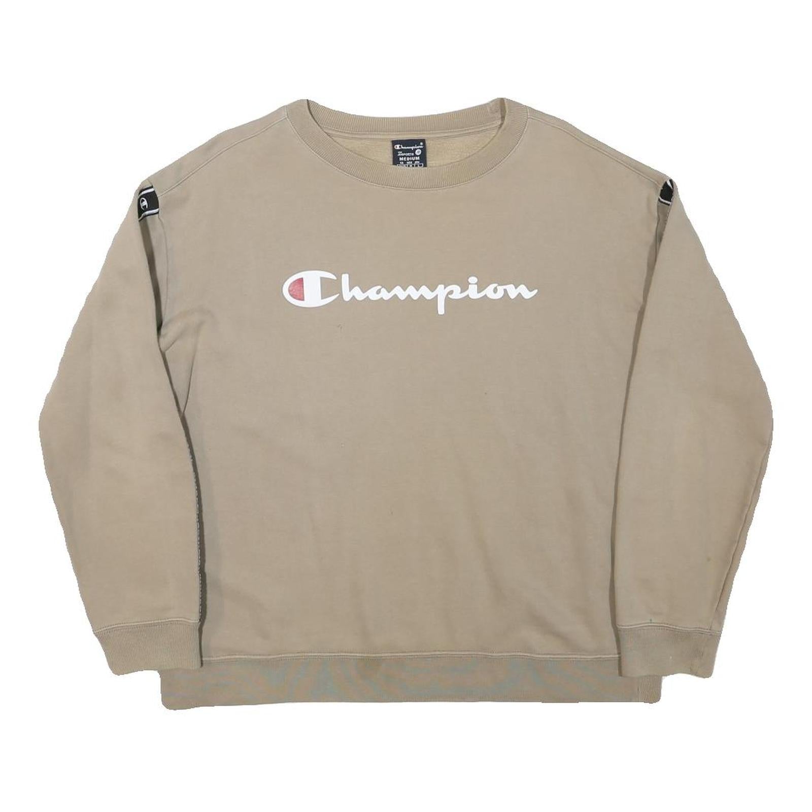 CHAMPION Mens Beige Cotton Blend Crew Neck M Logo Tape Sleeve Sweatshirt Refurbished - N/A refurbished available on Cerqular