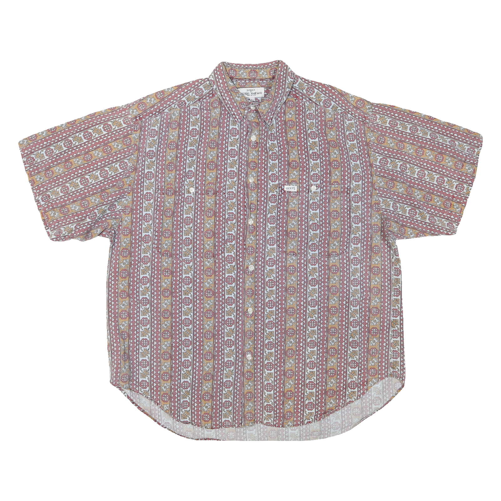 GUESS Mens Red & Brown Patterned Short Sleeve Shirt L Cotton Blend Summer Refurbished - N/A refurbished available on Cerqular