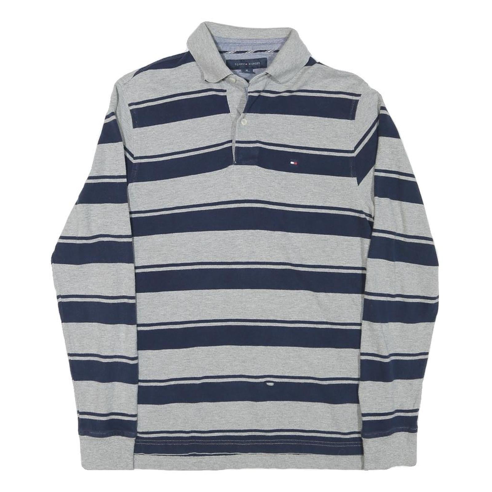 TOMMY HILFIGER Mens Grey & Navy Blue Striped Long Sleeve Polo Shirt XS Cotton Refurbished - N/A refurbished available on Cerqular