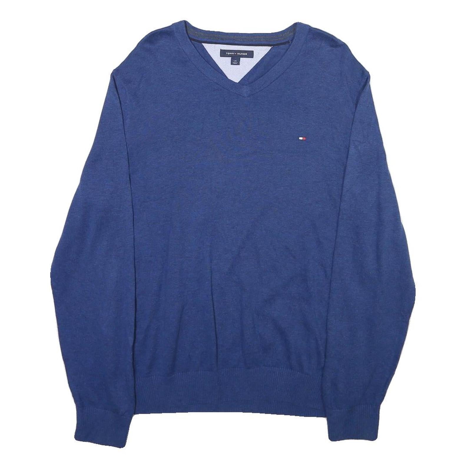 TOMMY HILFIGER Mens Blue Plain V-Neck Basic Knit L Cotton Blend Jumper Refurbished - N/A refurbished available on Cerqular
