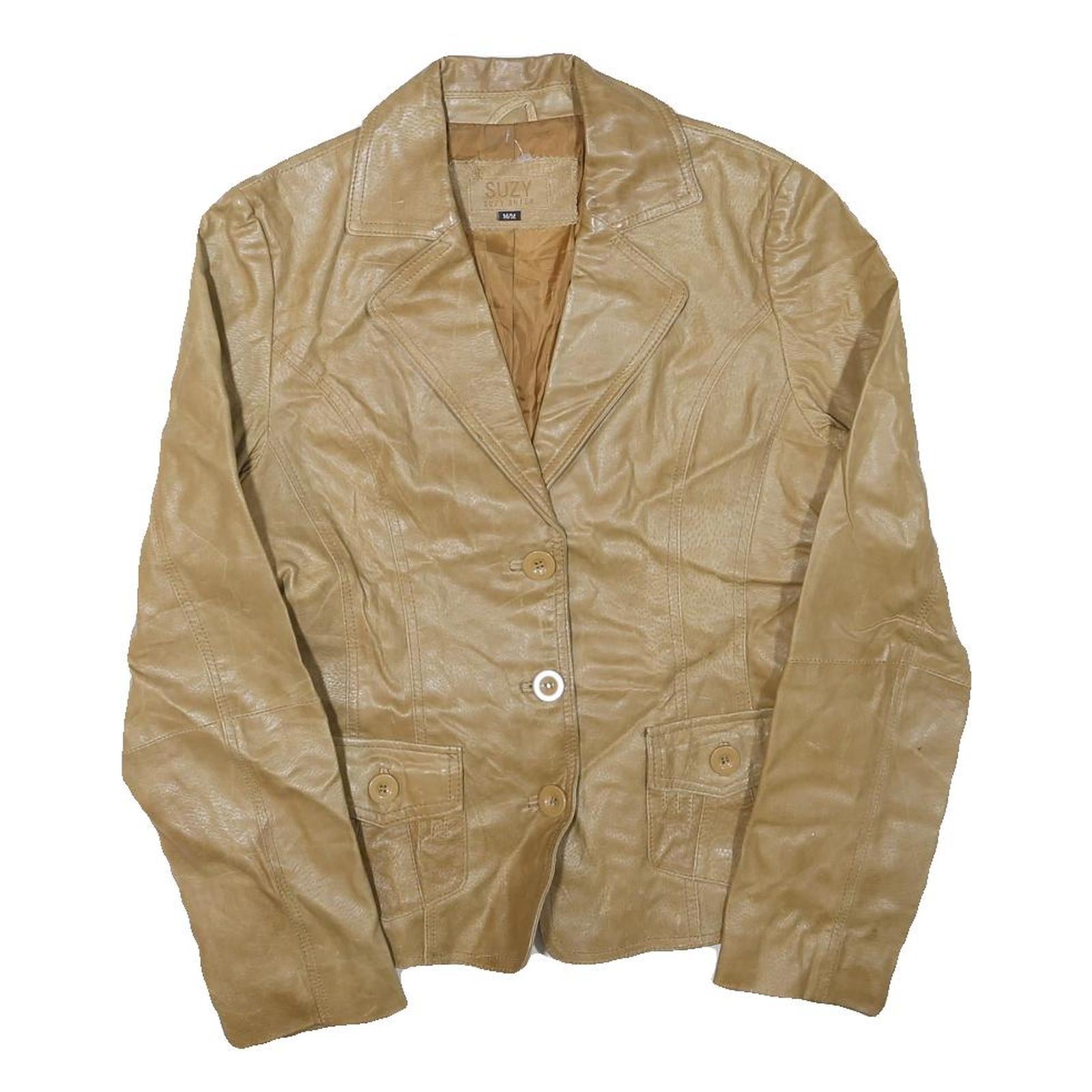 SUZY Womens Beige Leather Button Jacket M Soft Comfortable Classic Stylish Refurbished - N/A refurbished available on Cerqular