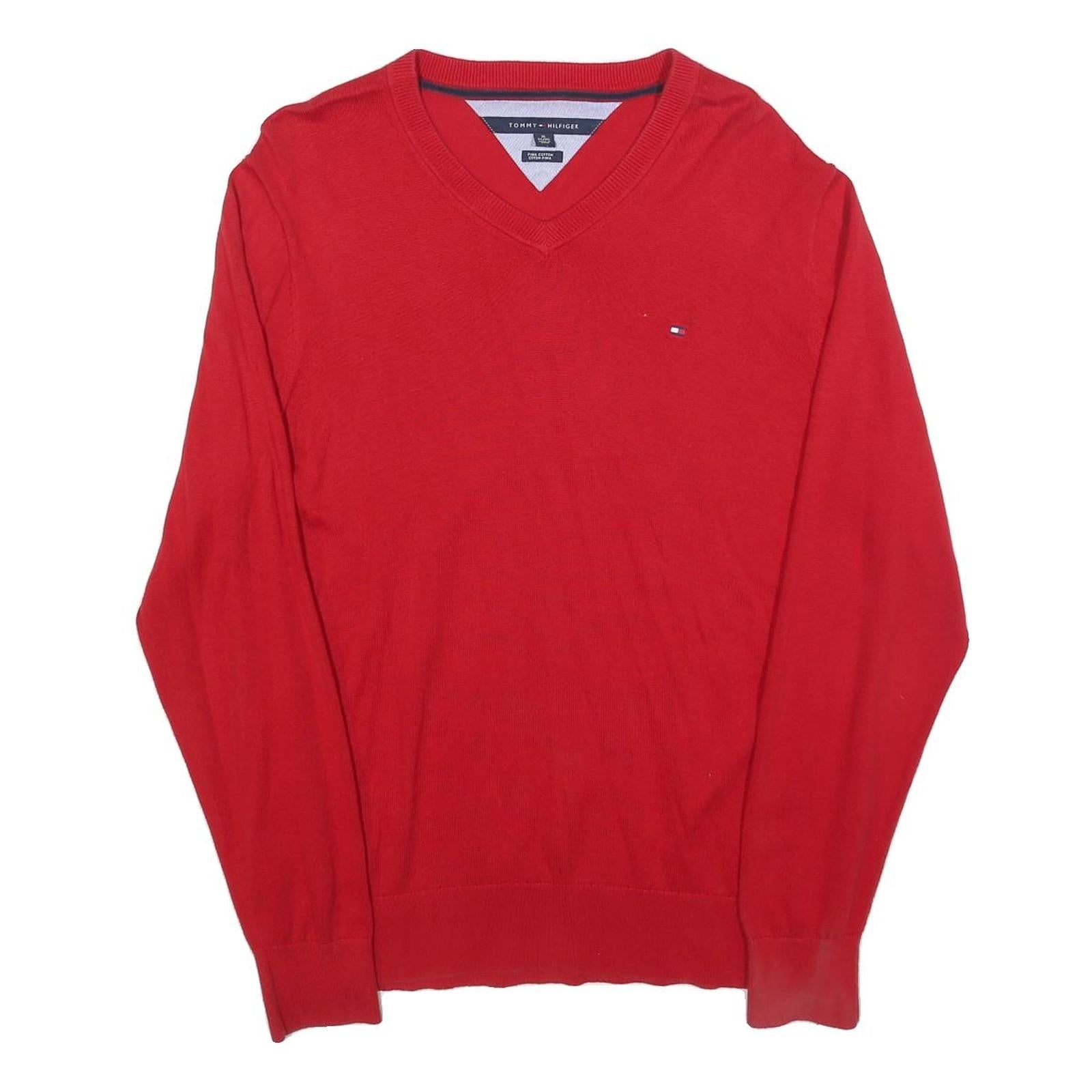 TOMMY HILFIGER Mens Red Plain V Neck Basic Knit Jumper XL Cotton Casual Refurbished - N/A refurbished available on Cerqular