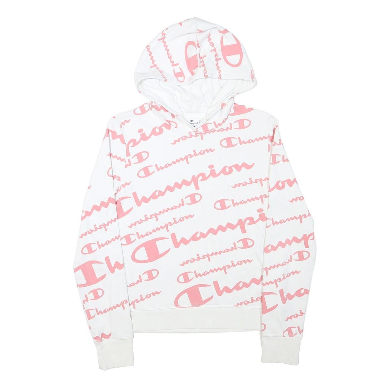 CHAMPION Girls White & Pink All Over Logo Print Pullover Hoodie XL Refurbished - N/A refurbished available on Cerqular