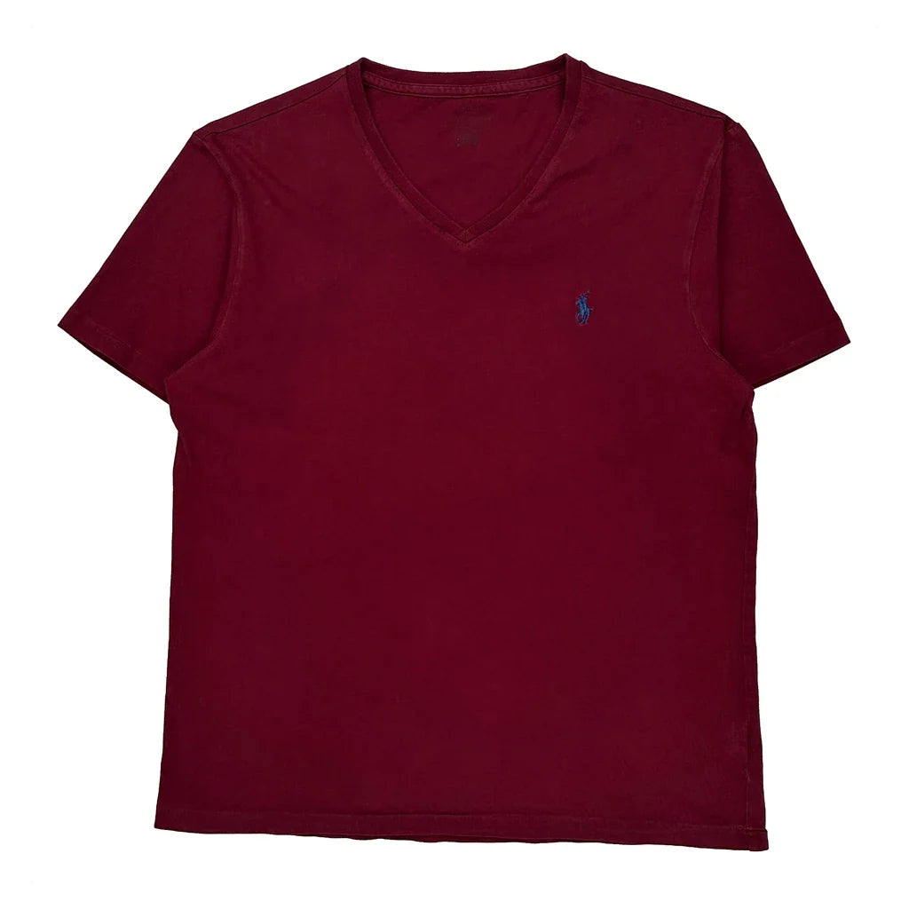 Polo By Ralph Lauren V-Neck T-Shirt - Medium Red Cotton Refurbished - Thrifted (note: this is a term often used to describe second- refurbished available on Cerqular