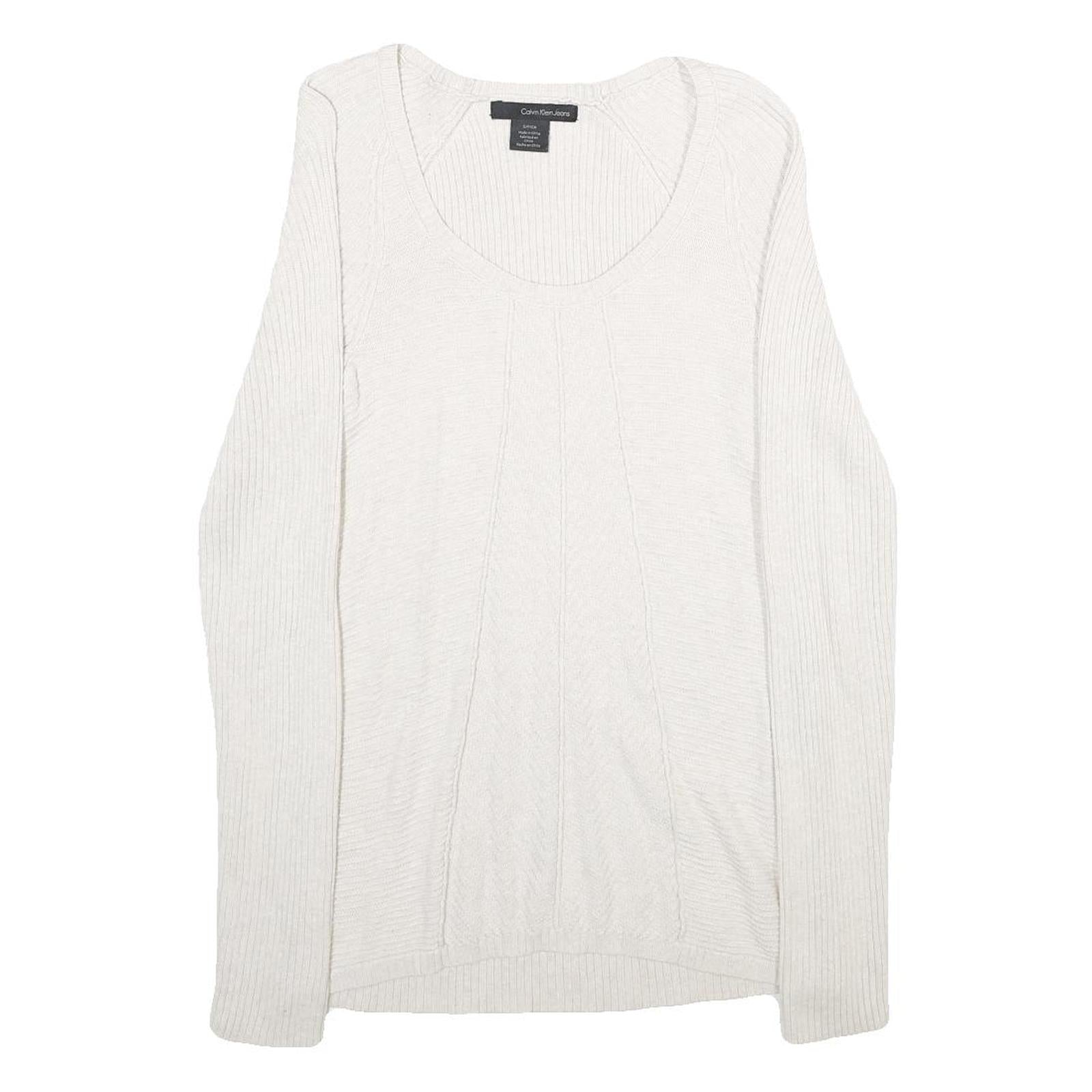 CALVIN KLEIN JEANS Womens White Plain Cotton Blend Jumper Scoop Neck Basic Knit Refurbished - N/A refurbished available on Cerqular