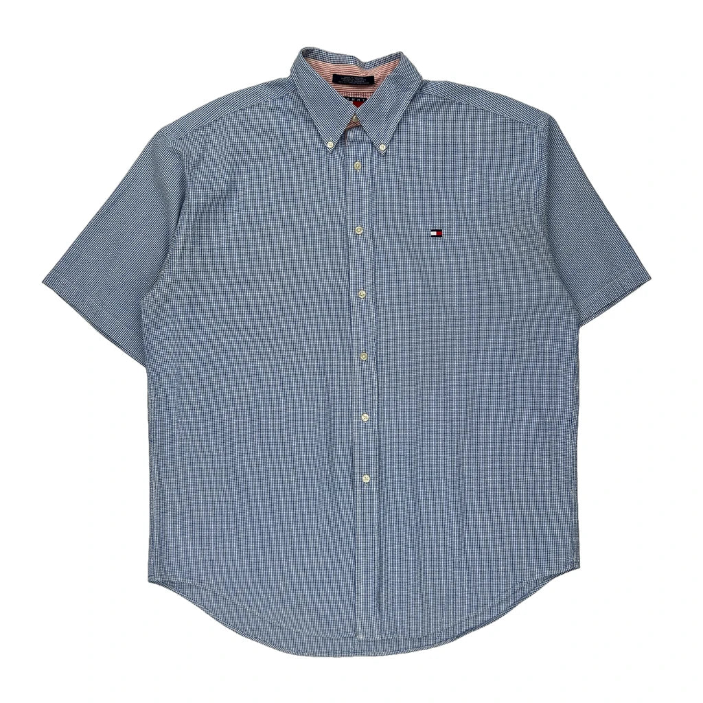 Tommy Hilfiger Checked Short Sleeve Shirt - Large Blue Cotton Refurbished - Thrifted (note: this is a term often used to describe second- refurbished available on Cerqular
