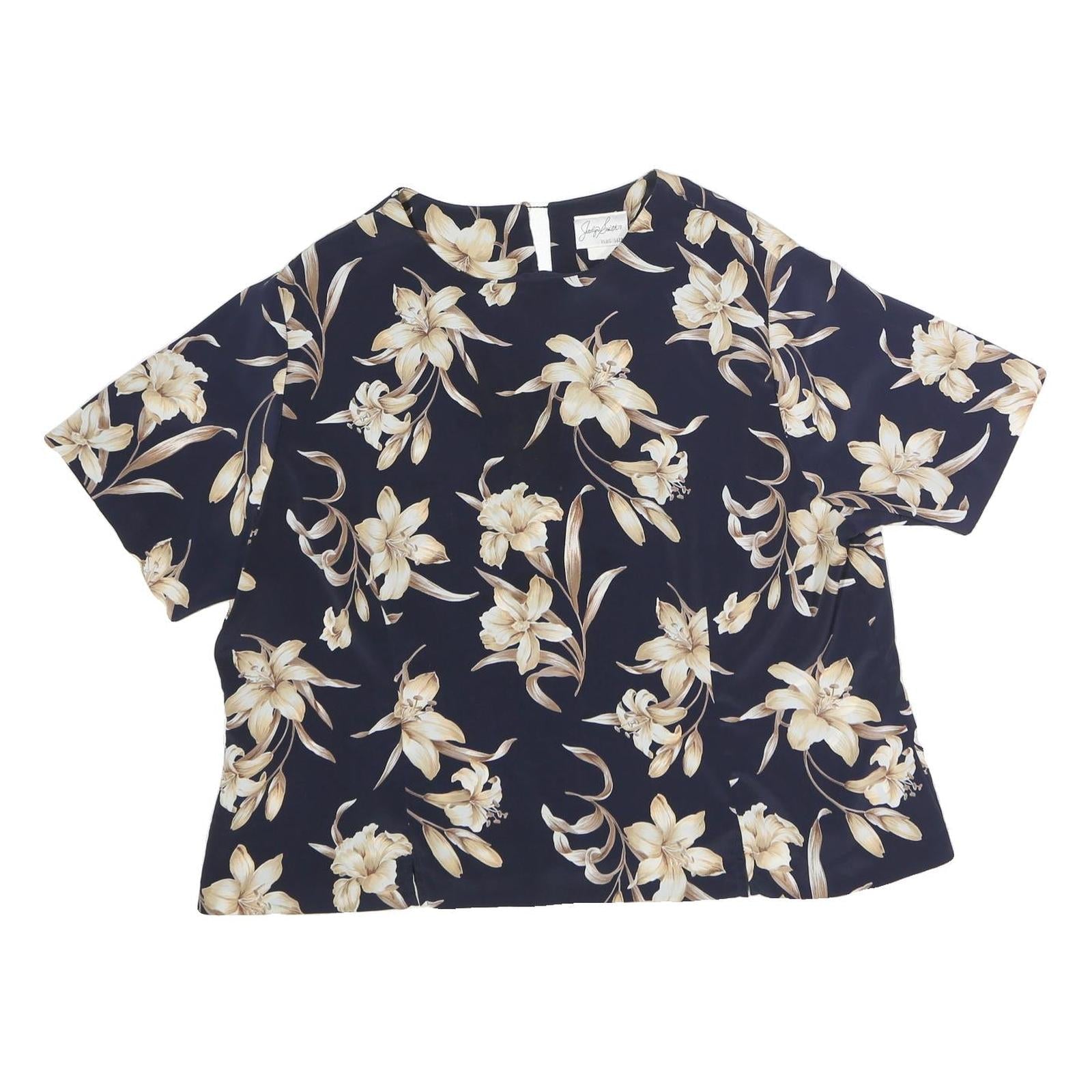 JOCYLYN SMITH Womens Blue & Cream Floral Printed Blouse Short Sleeve Round Neck Refurbished - N/A refurbished available on Cerqular