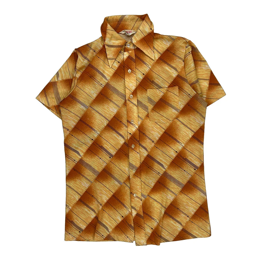 1970S Mercury Patterned Shirt - Small Yellow Polyester Refurbished - Thrifted (note: this is a term often used to describe second- refurbished available on Cerqular