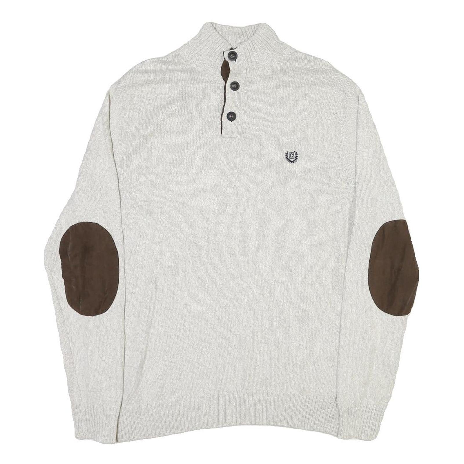 CHAPS Mens Cream & Brown Button Up Plain Crew Neck Basic Knit M Cotton Blend Refurbished - N/A refurbished available on Cerqular