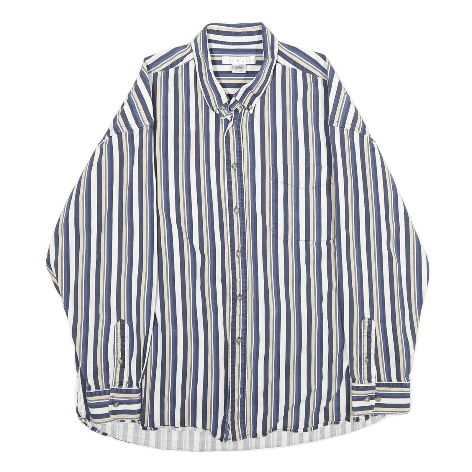 TRIBUTE Mens Blue Beige Stripe Shirt XL Cotton Long Sleeve Casual Buttoned Refurbished - N/A refurbished available on Cerqular