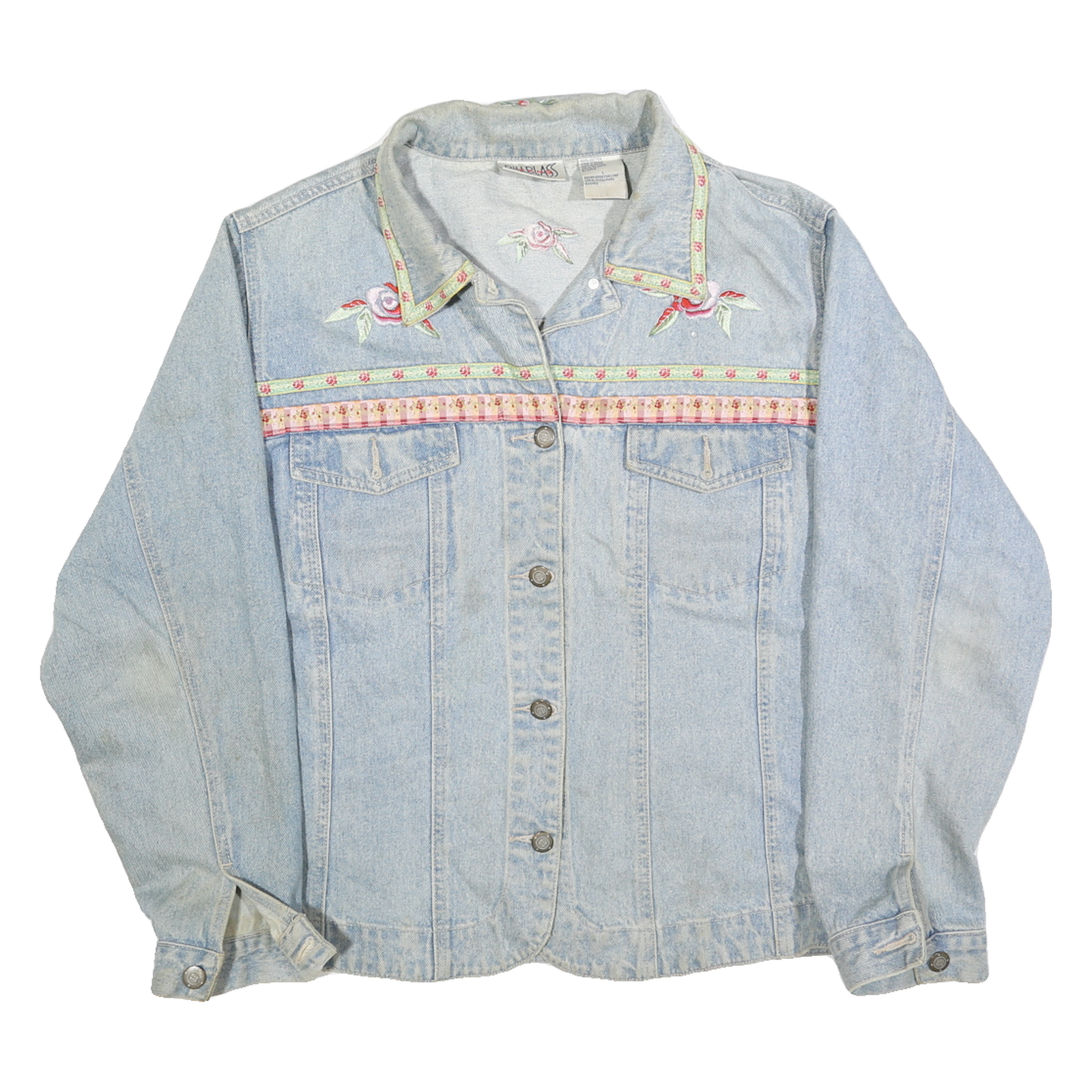 BILLBLASS Womens Blue Denim Cotton Button Jacket L Floral Embroidery Classic Refurbished - N/A refurbished available on Cerqular