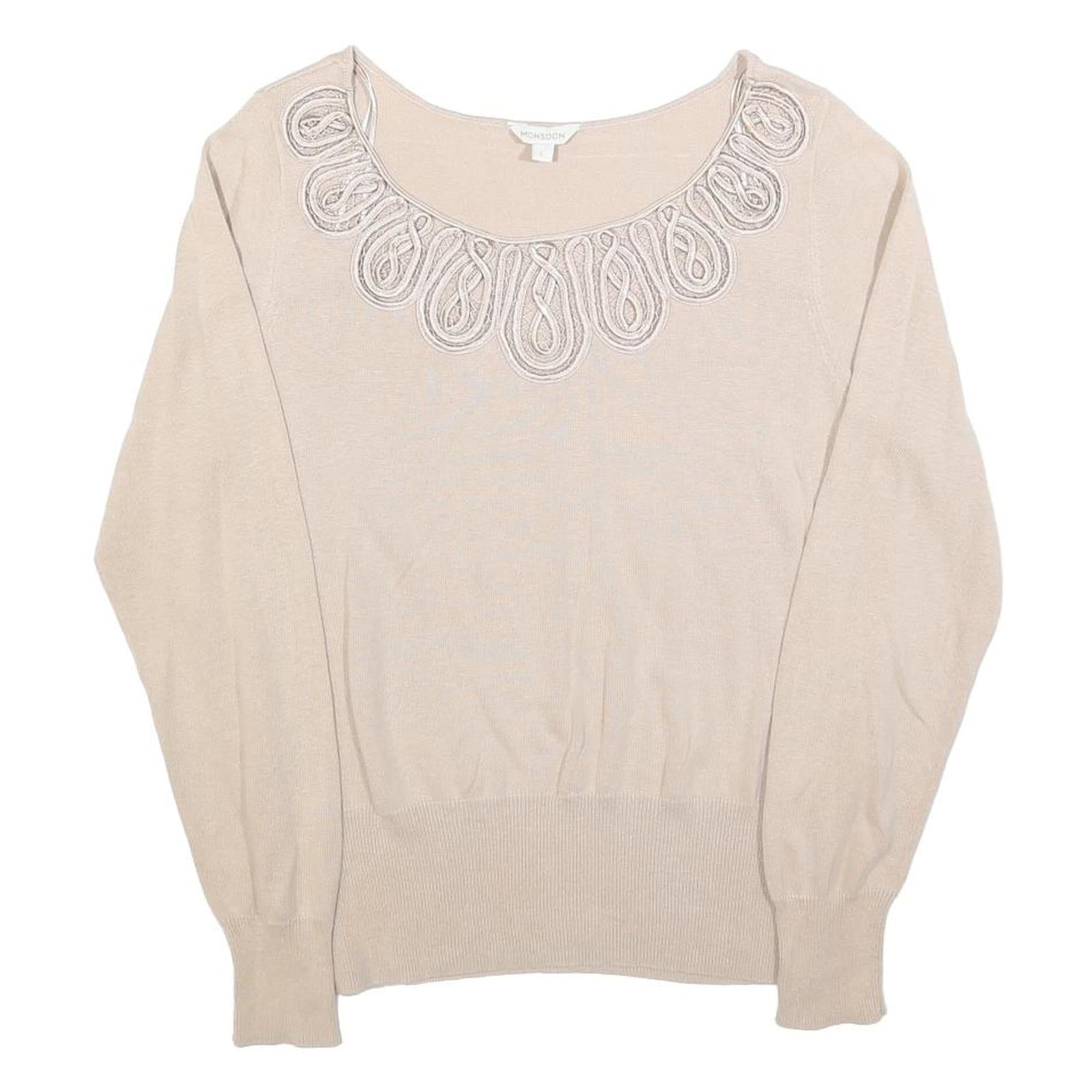 MONSOON Womens Beige Cotton Blend Embroidered Neck Top Long Sleeve Scoop Neck L Refurbished - N/A refurbished available on Cerqular
