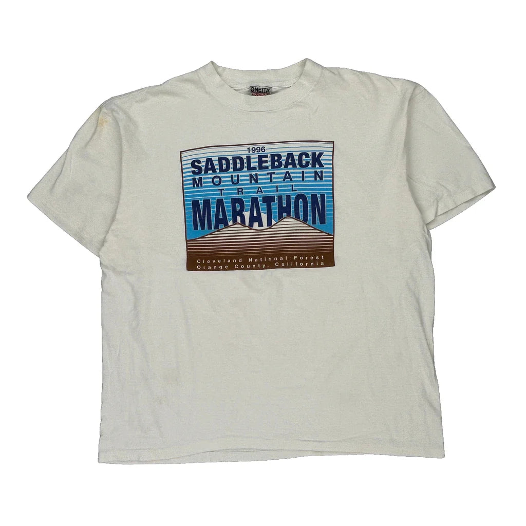 Saddleback Mountain Trail Marathon Oneita Single Stitch T-Shirt - XL White Cotton Refurbished - Thrifted (note: this is a term often used to describe second- refurbished available on Cerqular
