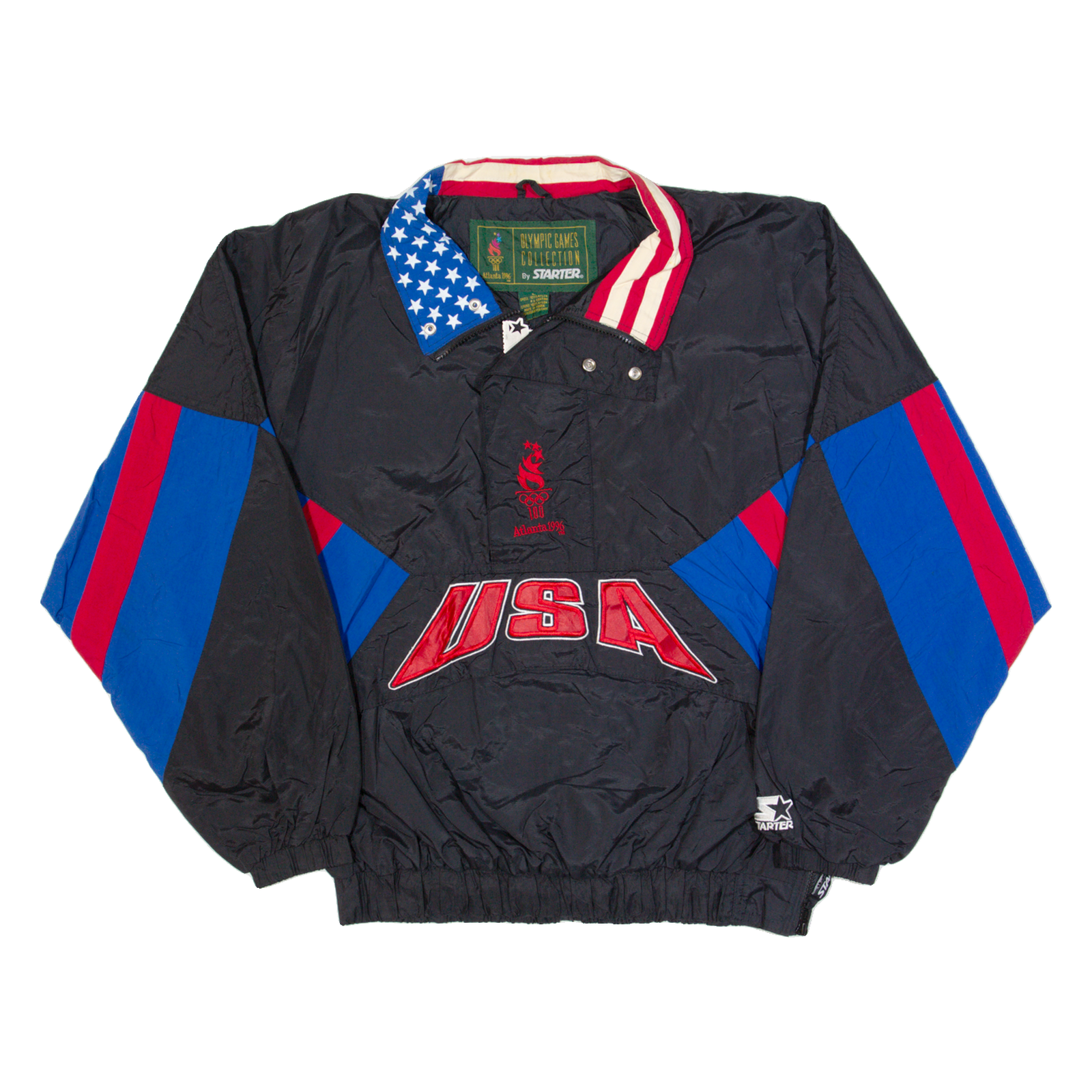 STARTER Atlanta Olympics 1996 Mens Pullover Jacket Black 90s USA L Refurbished - N/A refurbished available on Cerqular
