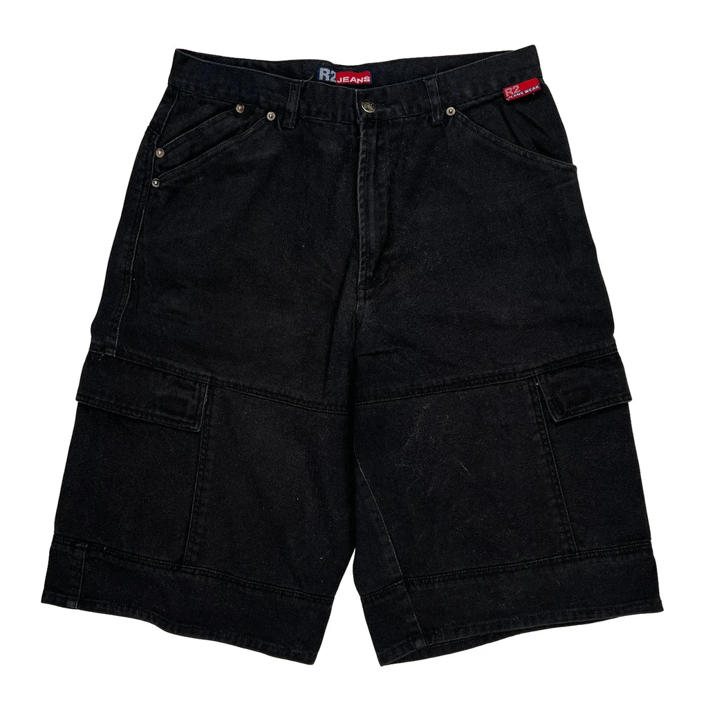 R2 Jeans Hip Hop Cargo Shorts - 32W 12L Black Cotton Refurbished - Thrifted (note: this is a term often used to describe second- refurbished available on Cerqular