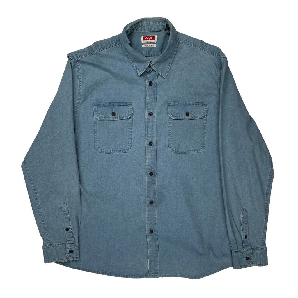 Buy Wrangler Denim Shirt - Large Blue Cotton Refurbished - $44.21 Wrangler Denim Shirt - Large Blue Cotton Refurbished - Thrifted (note: this is a term often used to describe second- refurbished available on Cerqular