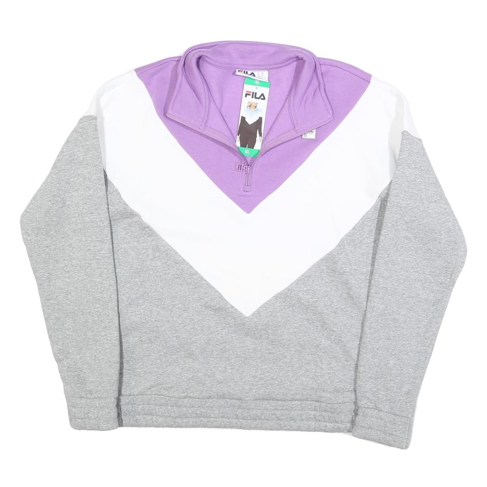 FILA Womens Lilac & White & Grey Colourblock Quarter Zip Sweatshirt XL Cotton Refurbished - N/A refurbished available on Cerqular